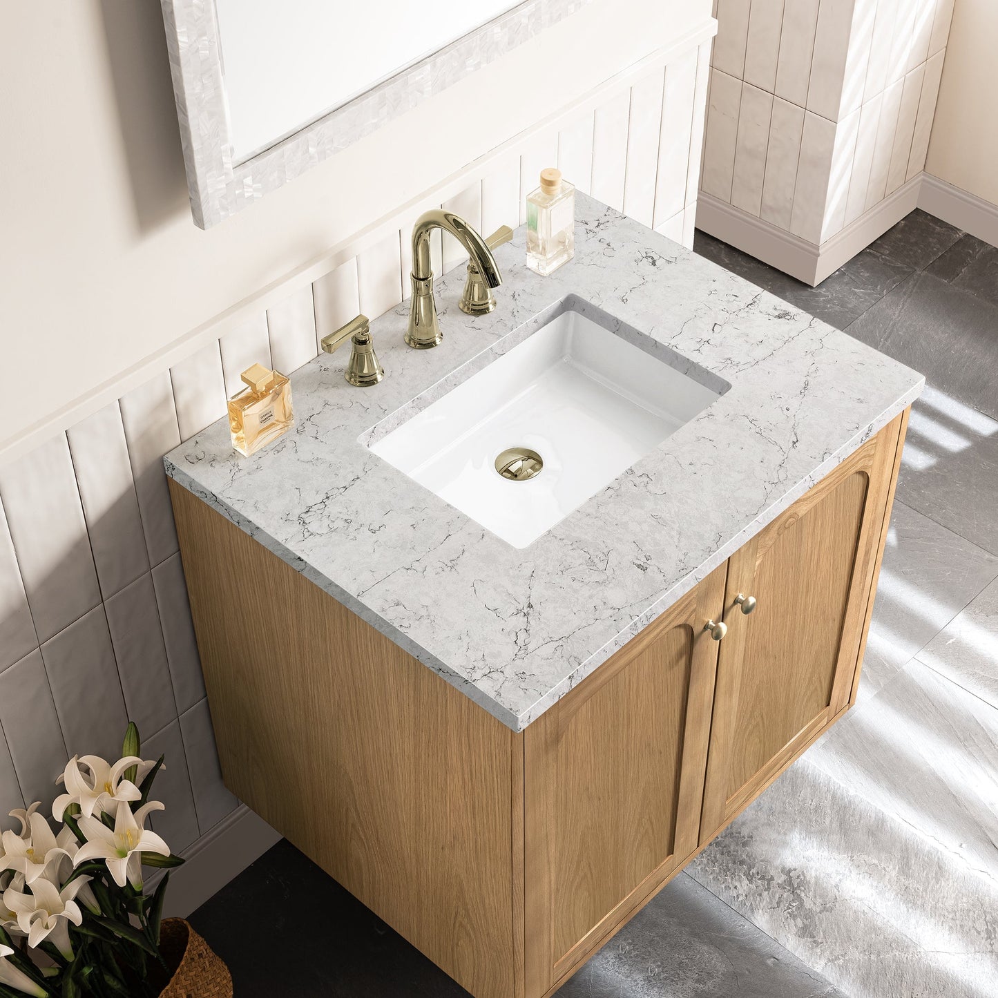 
                  
                    Laurent 30" Single Vanity in Light Natural Oak Single Bathroom Vanity James Martin Vanities Eternal Jasmine Pearl Silestone 
                  
                