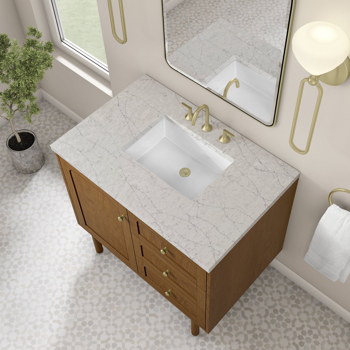 
                  
                    Laurent 36" Single Vanity in Honey Oak Single Bathroom Vanity James Martin Vanities Eternal Jasmine Pearl Silestone 
                  
                