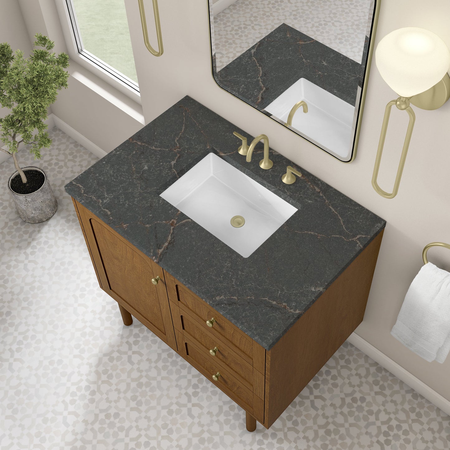 
                  
                    Laurent 36" Single Vanity in Honey Oak Single Bathroom Vanity James Martin Vanities Parisien Bleu Silestone 
                  
                