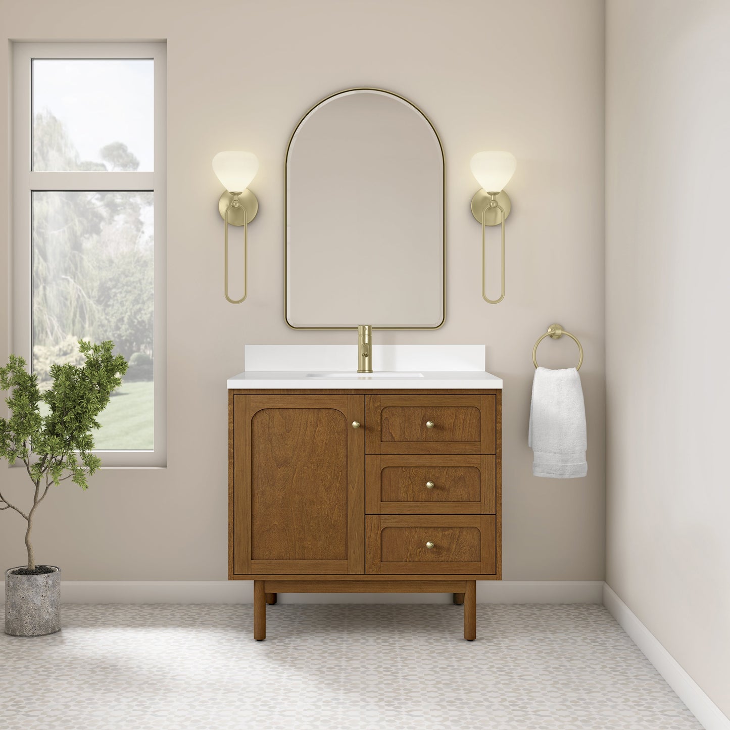 
                  
                    Laurent 36" Single Vanity in Honey Oak Single Bathroom Vanity James Martin Vanities White Zeus Silestone Single Faucet Top w/Backsplash 
                  
                