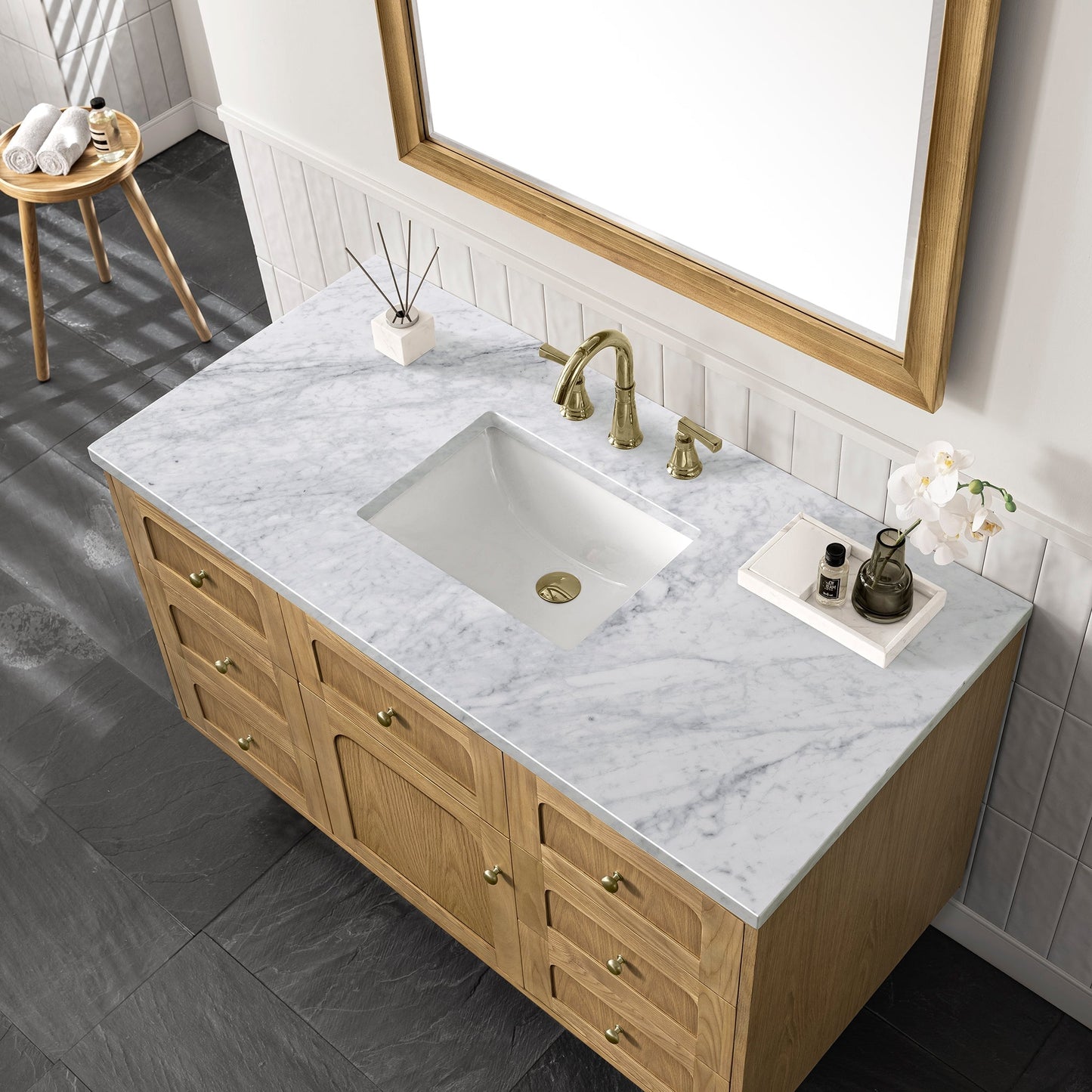 
                  
                    Laurent 48" Single Vanity in Light Natural Oak James Martin Vanities Carrara White Marble 
                  
                