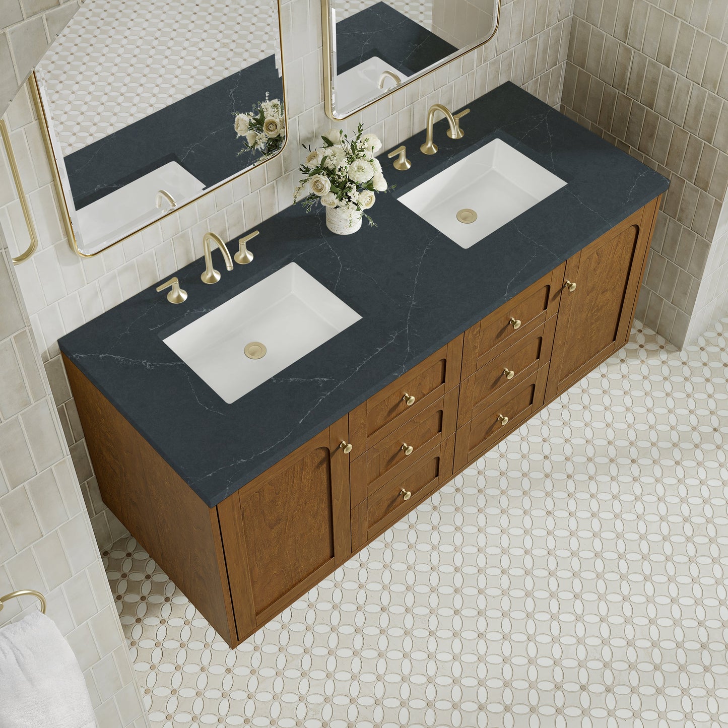 
                  
                    Laurent 60" Double Vanity in Honey Oak Double Bathroom Vanity James Martin Vanities Charcoal Soapstone Silestone 
                  
                