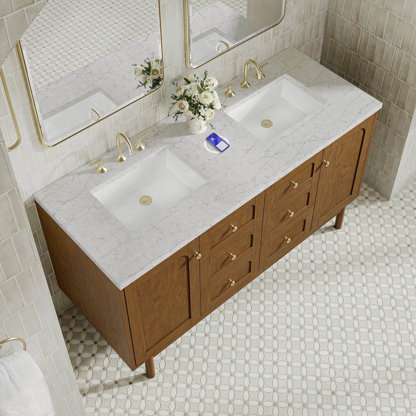 
                  
                    Laurent 60" Double Vanity in Honey Oak Double Bathroom Vanity James Martin Vanities FreePower-Enabled Eternal Jasmine Pearl Silestone 
                  
                