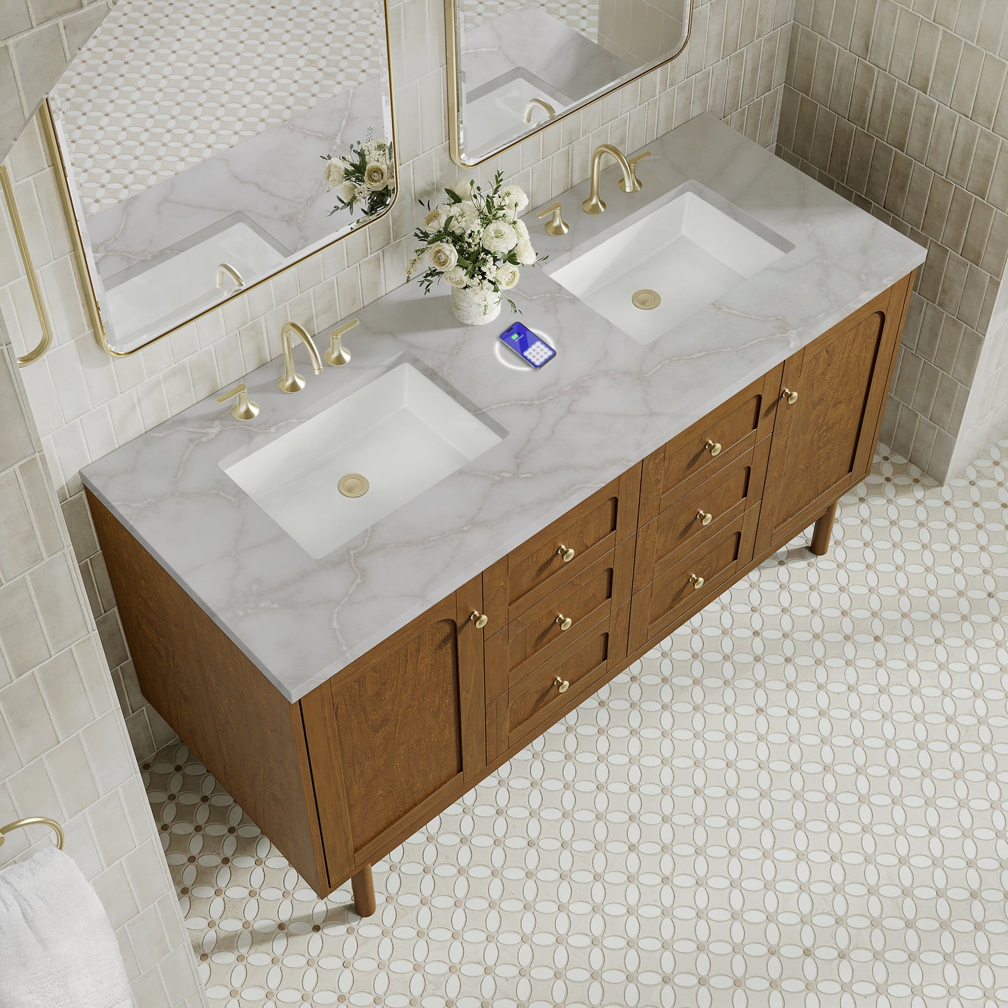 
                  
                    Laurent 60" Double Vanity in Honey Oak Double Bathroom Vanity James Martin Vanities FreePower-Enabled Victorian Silver Silestone 
                  
                