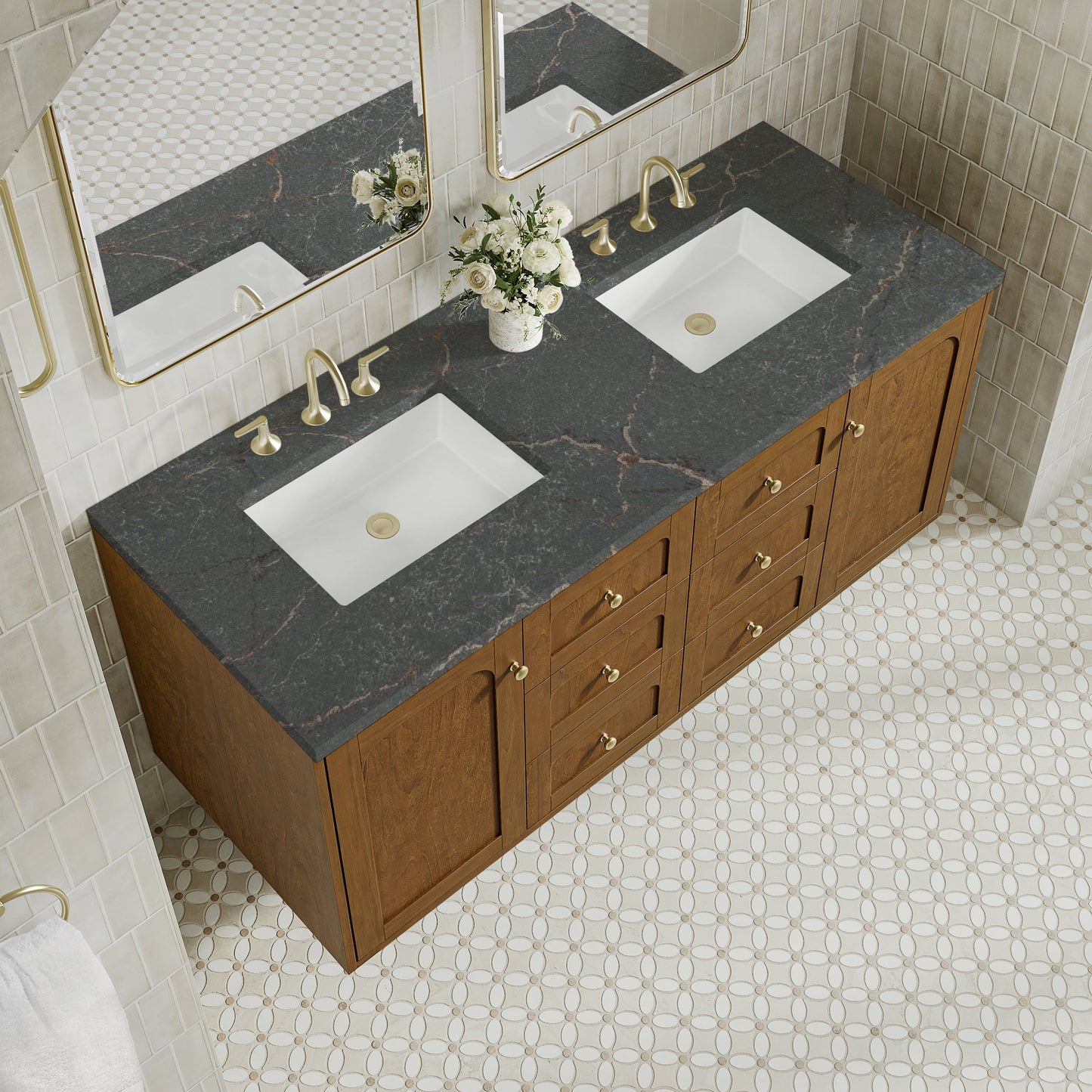 
                  
                    Laurent 60" Double Vanity in Honey Oak Double Bathroom Vanity James Martin Vanities Parisien Bleu Silestone 
                  
                