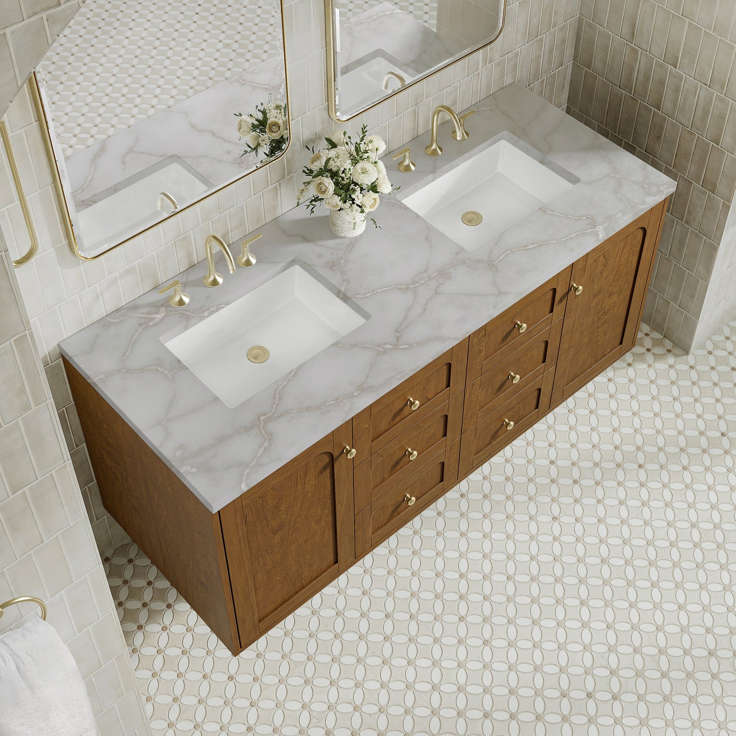 
                  
                    Laurent 60" Double Vanity in Honey Oak Double Bathroom Vanity James Martin Vanities Victorian Silver Silestone 
                  
                