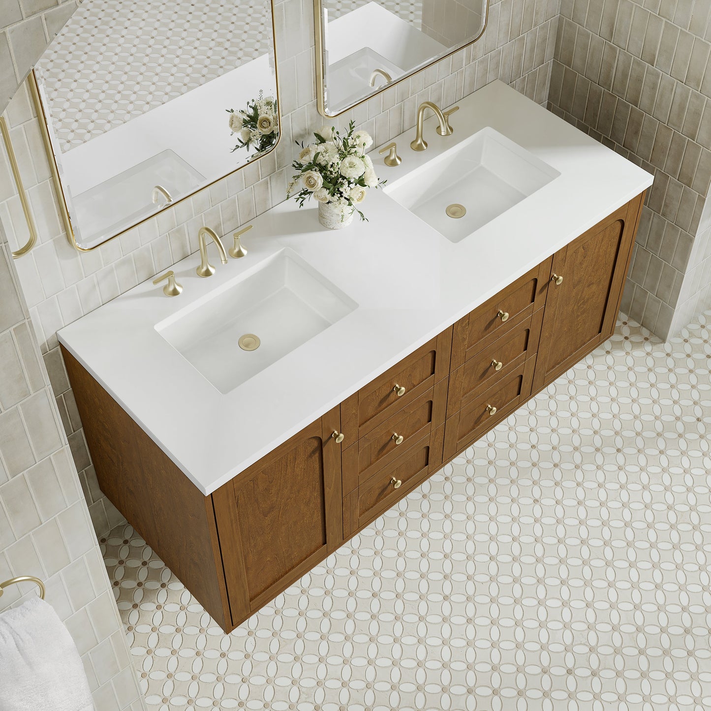 
                  
                    Laurent 60" Double Vanity in Honey Oak Double Bathroom Vanity James Martin Vanities White Zeus Silestone 
                  
                