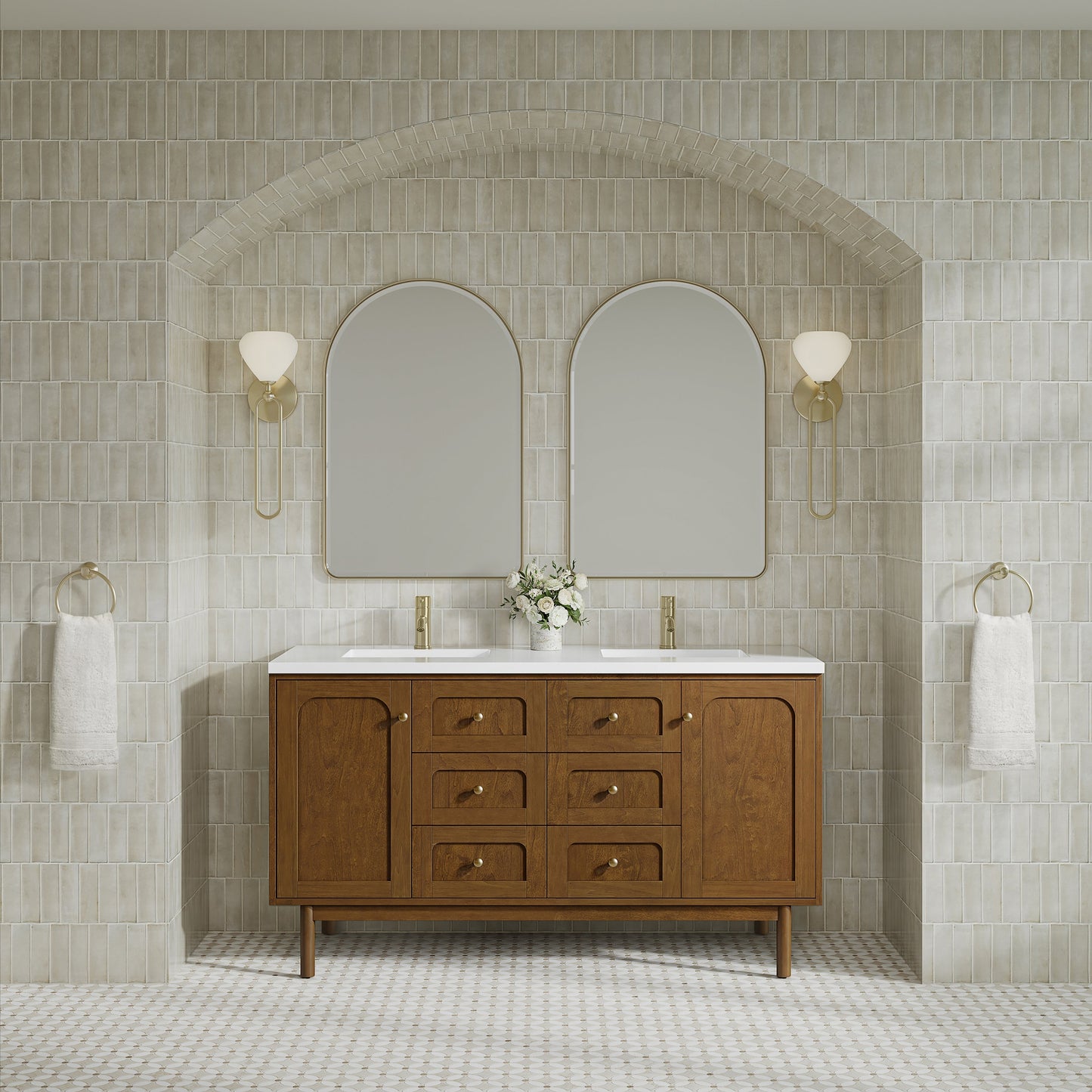 
                  
                    Laurent 60" Double Vanity in Honey Oak Double Bathroom Vanity James Martin Vanities White Zeus Silestone Single-Hole Faucet Top with Backsplash 
                  
                
