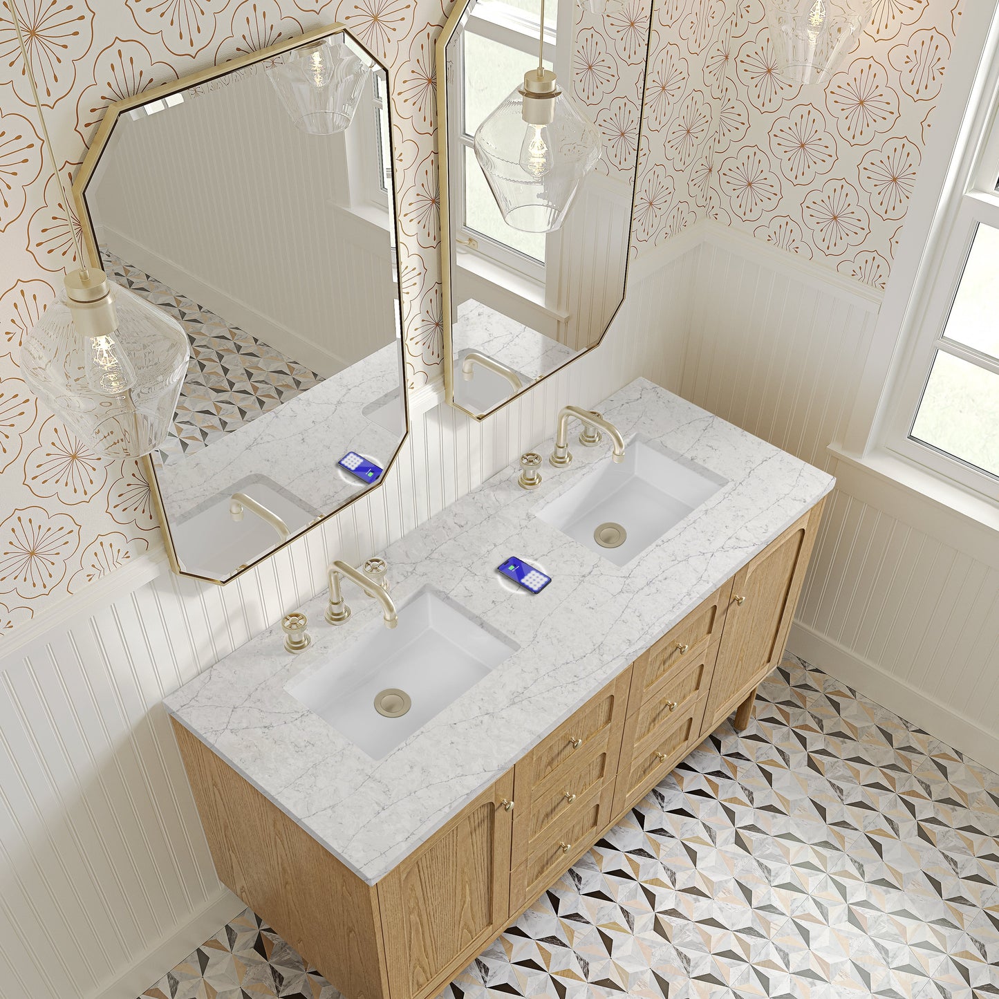 
                  
                    Laurent 60" Double Vanity in Light Natural Oak Double Bathroom Vanity James Martin Vanities FreePower-Enabled Eternal Jasmine Pearl Silestone 
                  
                