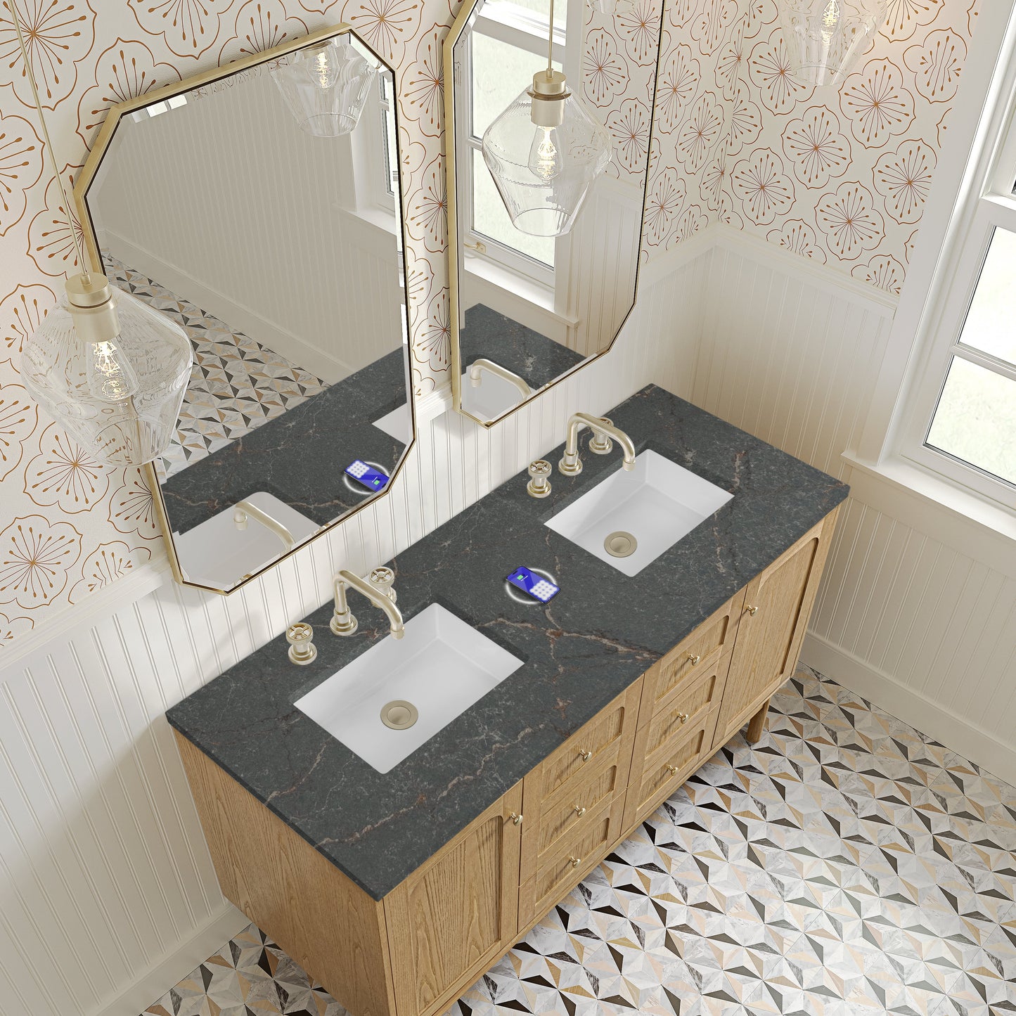 
                  
                    Laurent 60" Double Vanity in Light Natural Oak Double Bathroom Vanity James Martin Vanities FreePower-Enabled Parisien Bleu Silestone 
                  
                