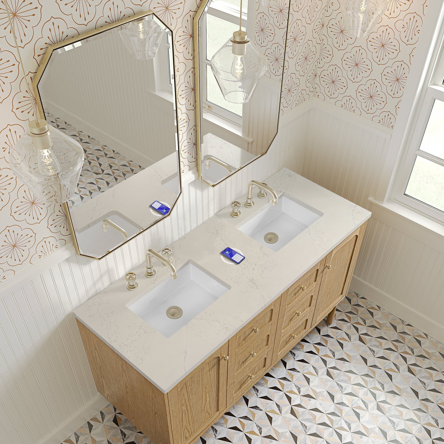 
                  
                    Laurent 60" Double Vanity in Light Natural Oak Double Bathroom Vanity James Martin Vanities FreePower-Enabled Siberian Silestone 
                  
                
