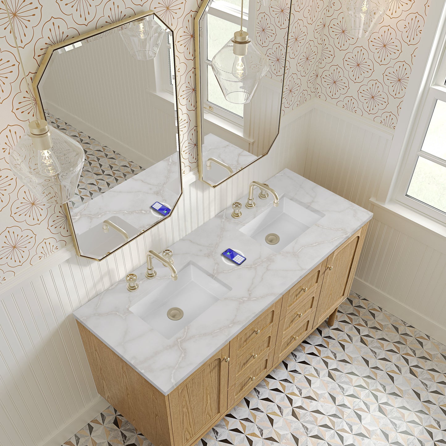 
                  
                    Laurent 60" Double Vanity in Light Natural Oak Double Bathroom Vanity James Martin Vanities FreePower-Enabled Victorian Silver Silestone 
                  
                