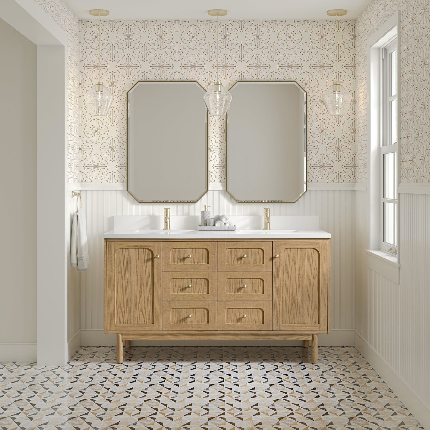 
                  
                    Laurent 60" Double Vanity in Light Natural Oak Double Bathroom Vanity James Martin Vanities White Zeus Silestone Single-Hole Faucet Top with Backsplash 
                  
                