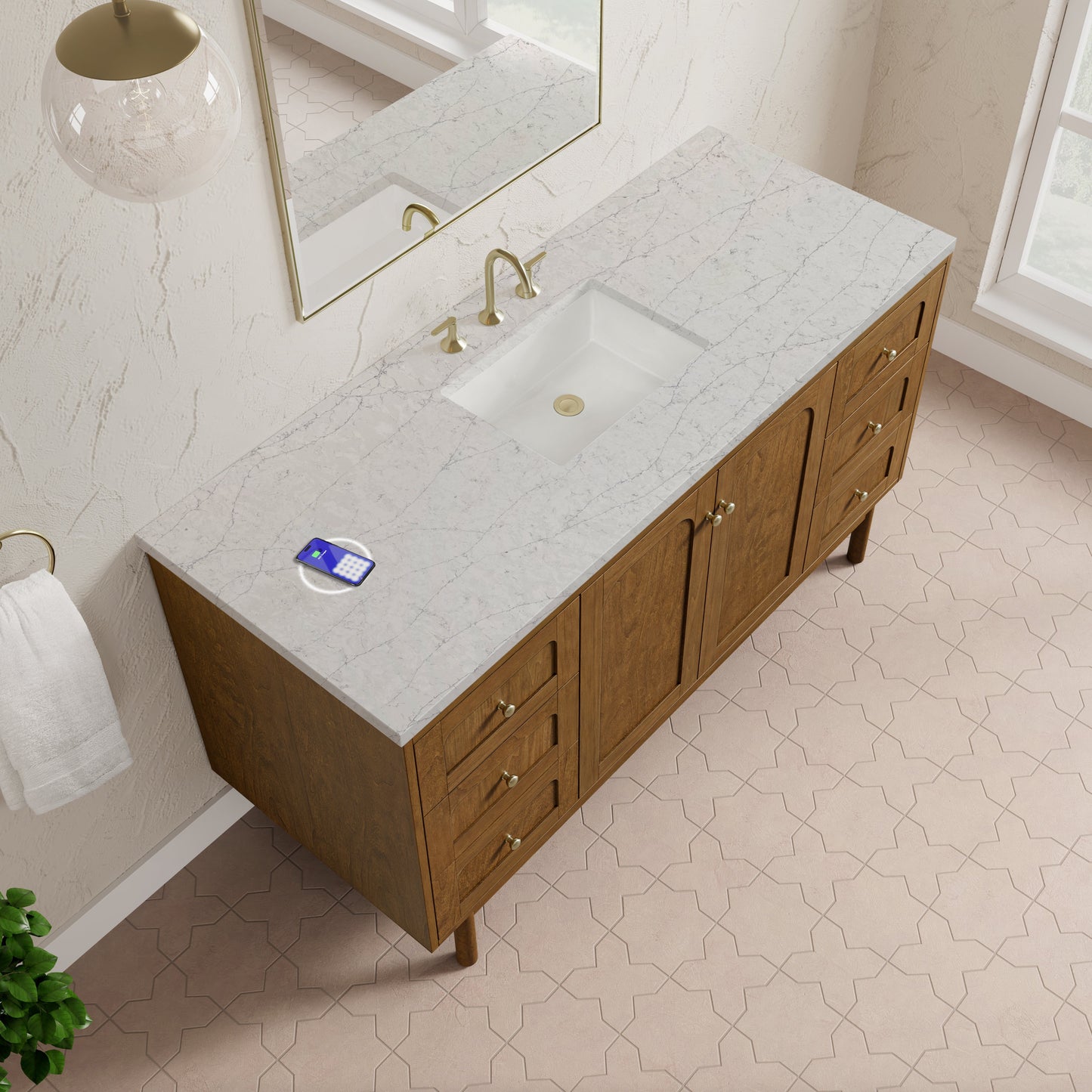 
                  
                    Laurent 60" Single Vanity in Honey Oak Single Bathroom Vanity James Martin Vanities FreePower-Enabled Eternal Jasmine Pearl Silestone 
                  
                