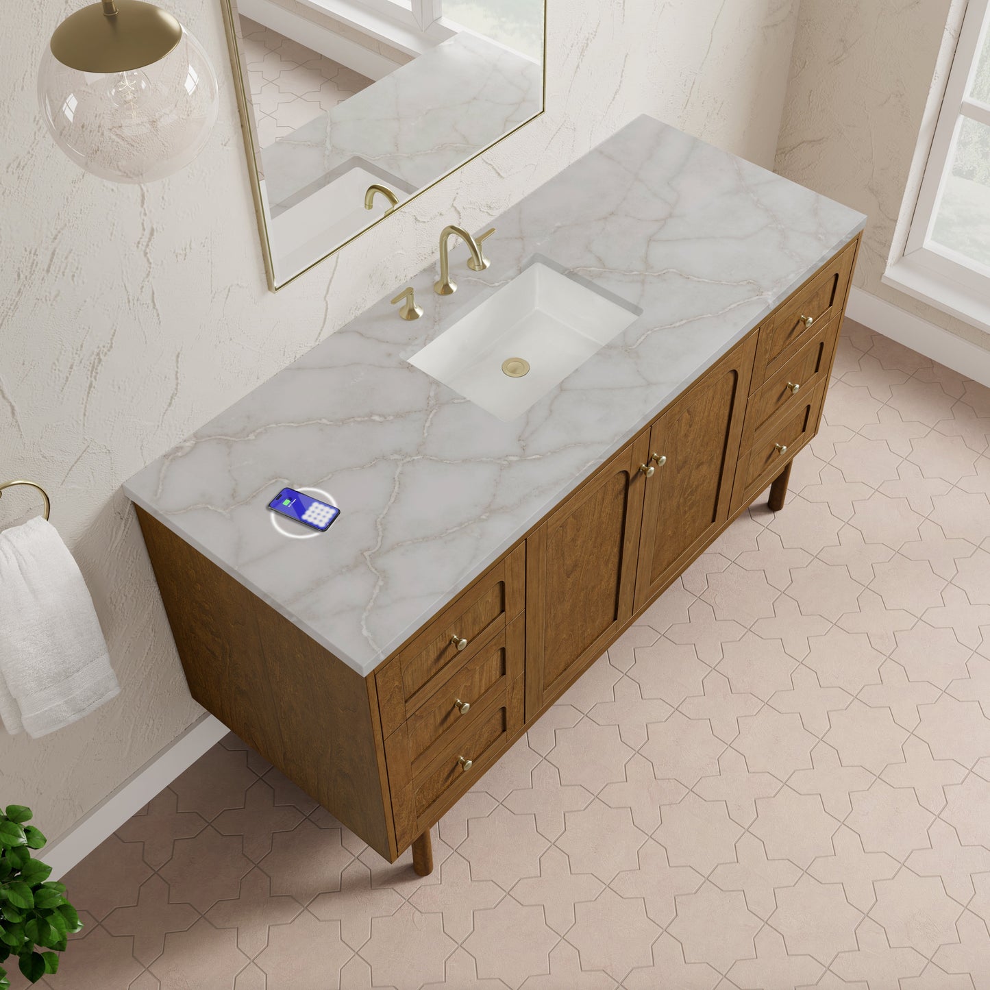 
                  
                    Laurent 60" Single Vanity in Honey Oak Single Bathroom Vanity James Martin Vanities FreePower-Enabled Victorian Silver Silestone 
                  
                