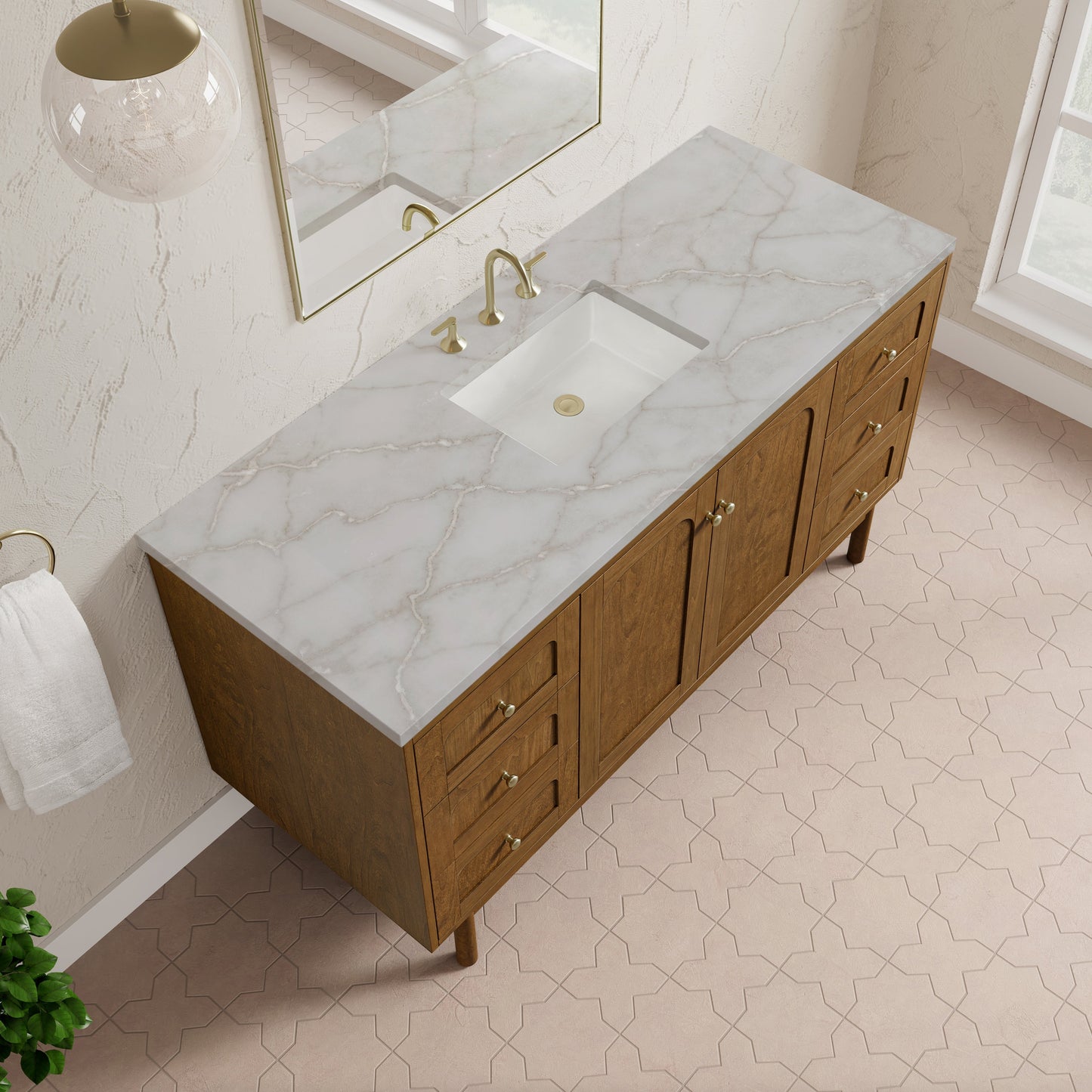 
                  
                    Laurent 60" Single Vanity in Honey Oak Single Bathroom Vanity James Martin Vanities Victorian Silver Silestone 
                  
                