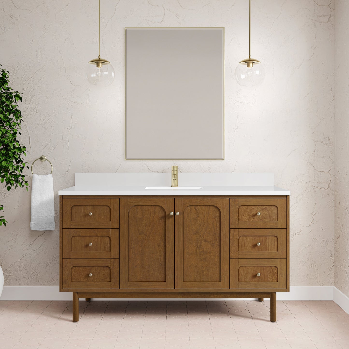 
                  
                    Laurent 60" Single Vanity in Honey Oak Single Bathroom Vanity James Martin Vanities White Zeus Silestone Single-Hole Faucet Top with Backsplash 
                  
                