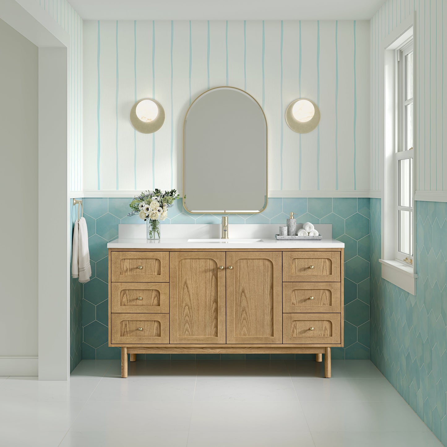 
                  
                    Laurent 60" Single Vanity in Light Natural Oak Single Bathroom Vanity James Martin Vanities White Zeus Silestone Single-Hole Faucet Top with Backsplash 
                  
                