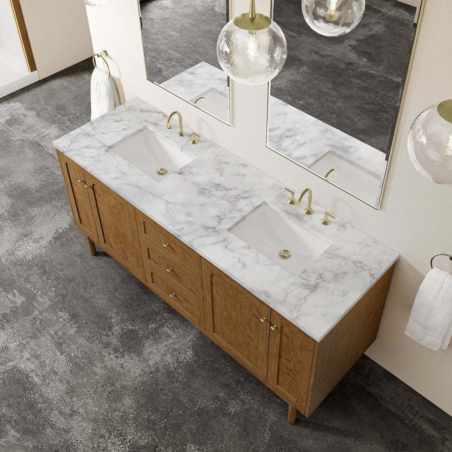 
                  
                    Laurent 72" Double Vanity in Honey Oak Double Bathroom Vanity James Martin Vanities Carrara White Marble 
                  
                