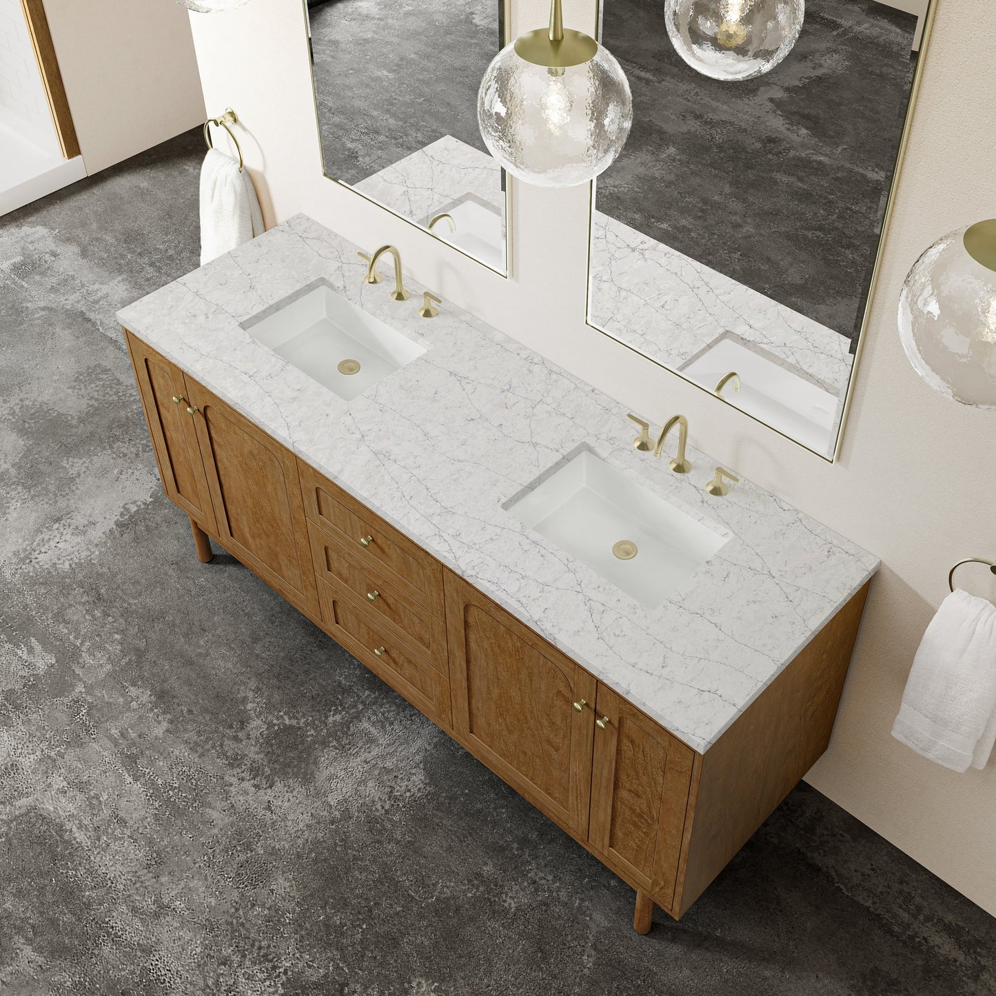 
                  
                    Laurent 72" Double Vanity in Honey Oak Double Bathroom Vanity James Martin Vanities Eternal Jasmine Pearl Silestone 
                  
                