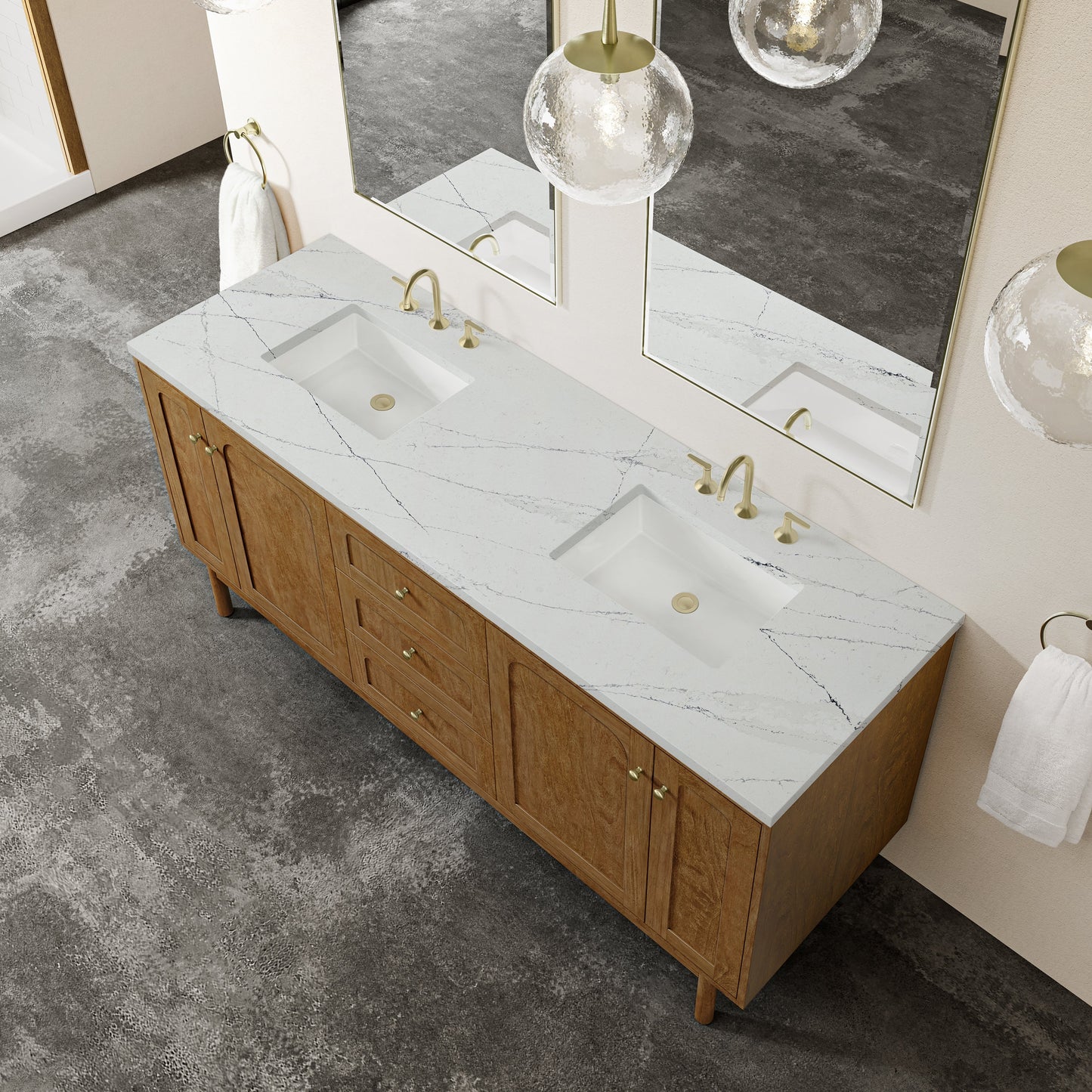
                  
                    Laurent 72" Double Vanity in Honey Oak Double Bathroom Vanity James Martin Vanities Ethereal Noctis Silestone 
                  
                