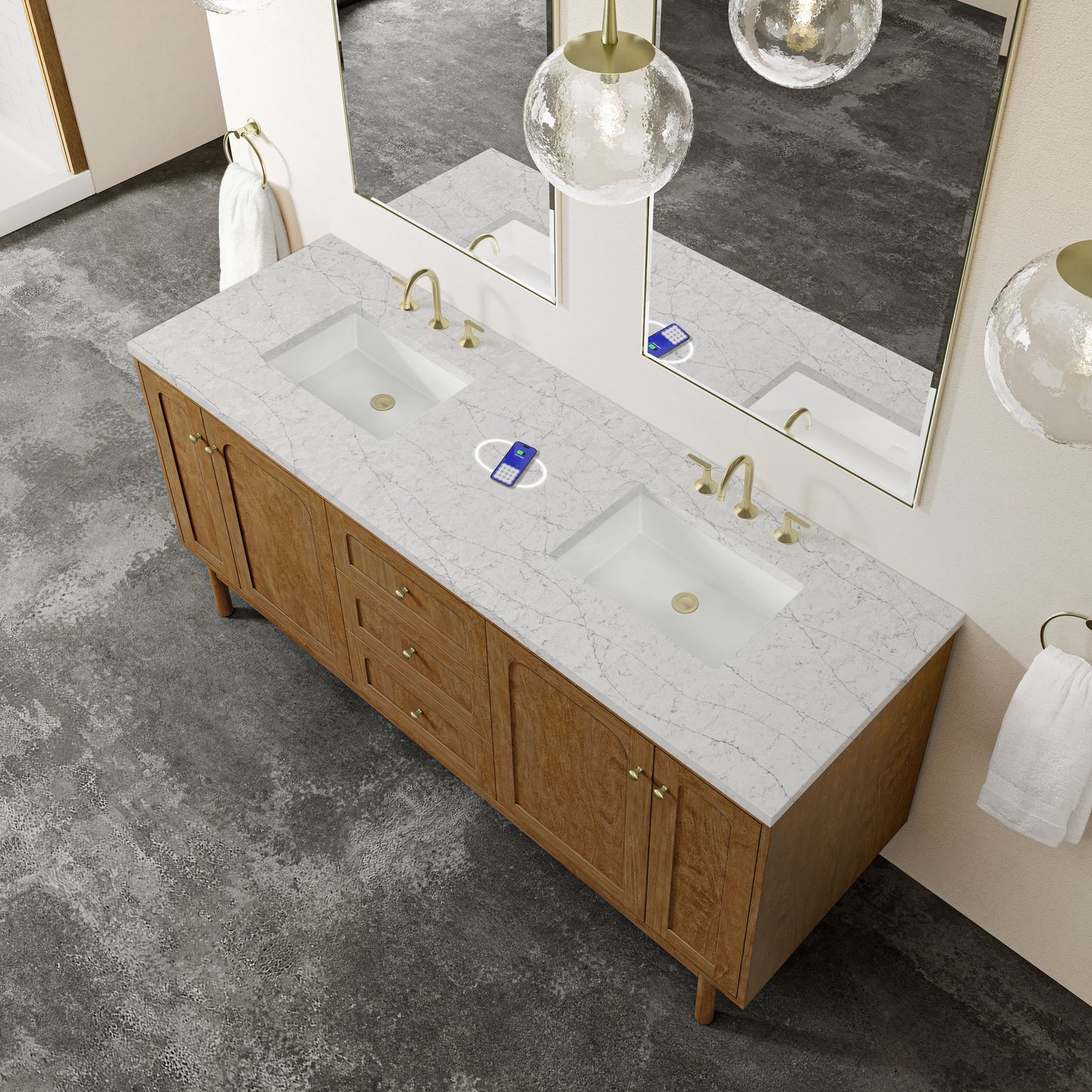 
                  
                    Laurent 72" Double Vanity in Honey Oak Double Bathroom Vanity James Martin Vanities FreePower-Enabled Eternal Jasmine Pearl Silestone 
                  
                