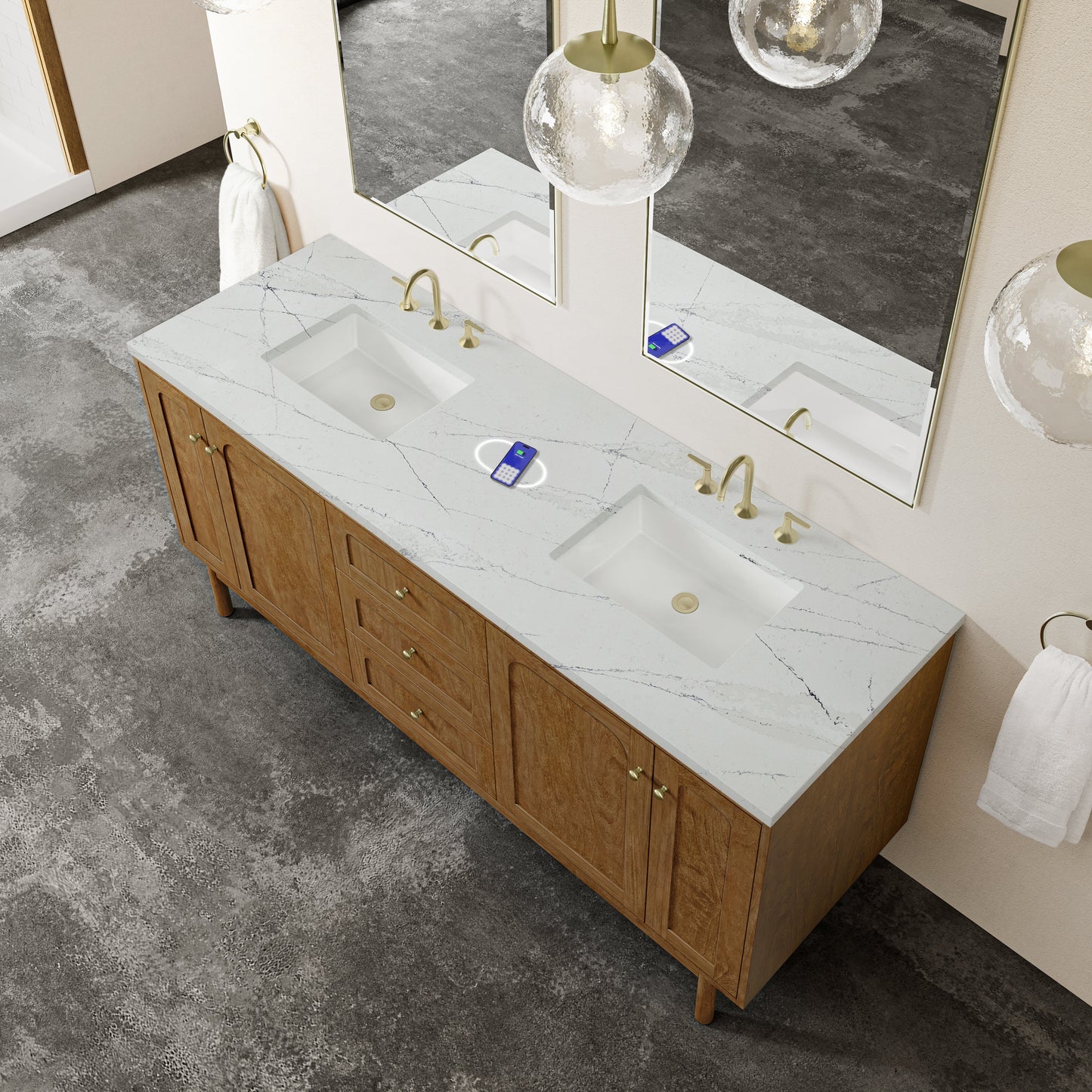 
                  
                    Laurent 72" Double Vanity in Honey Oak Double Bathroom Vanity James Martin Vanities FreePower-Enabled Ethereal Noctis Silestone 
                  
                