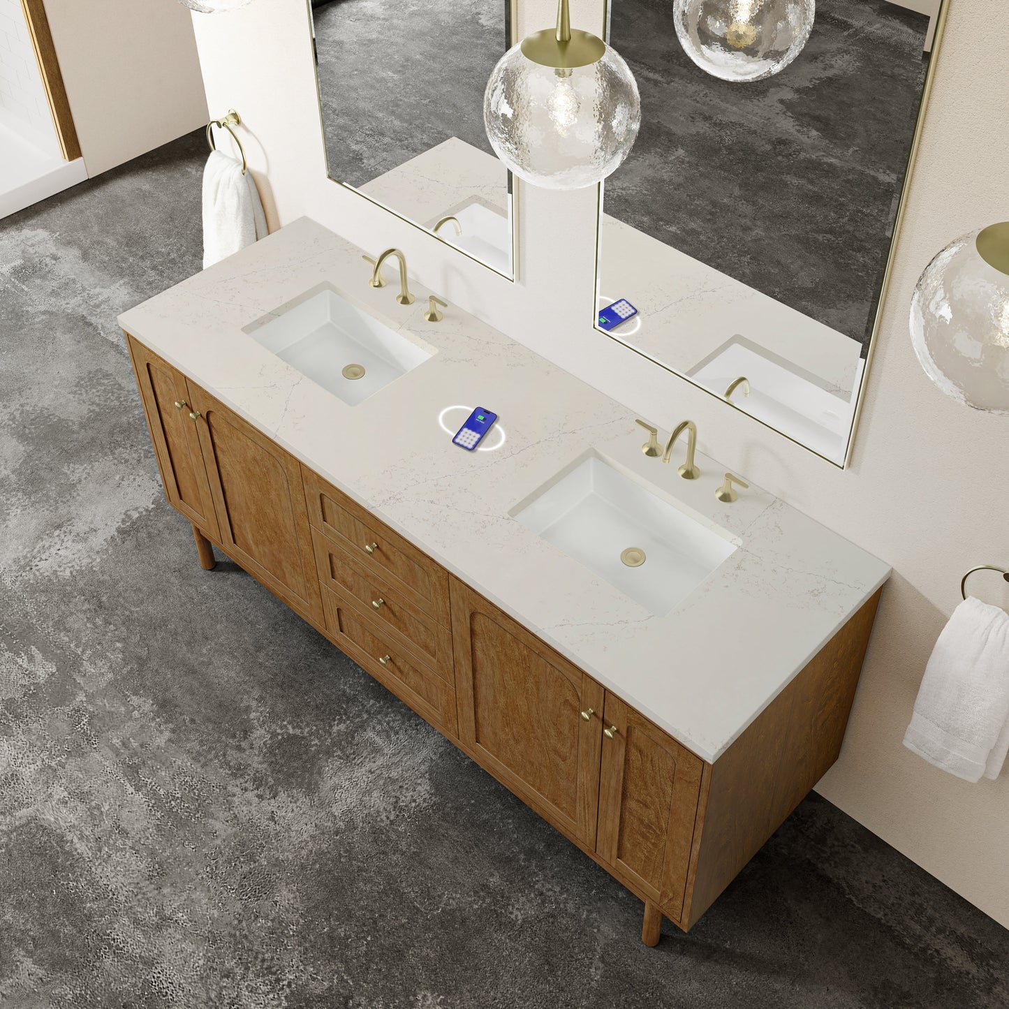
                  
                    Laurent 72" Double Vanity in Honey Oak Double Bathroom Vanity James Martin Vanities FreePower-Enabled Siberian Silestone 
                  
                