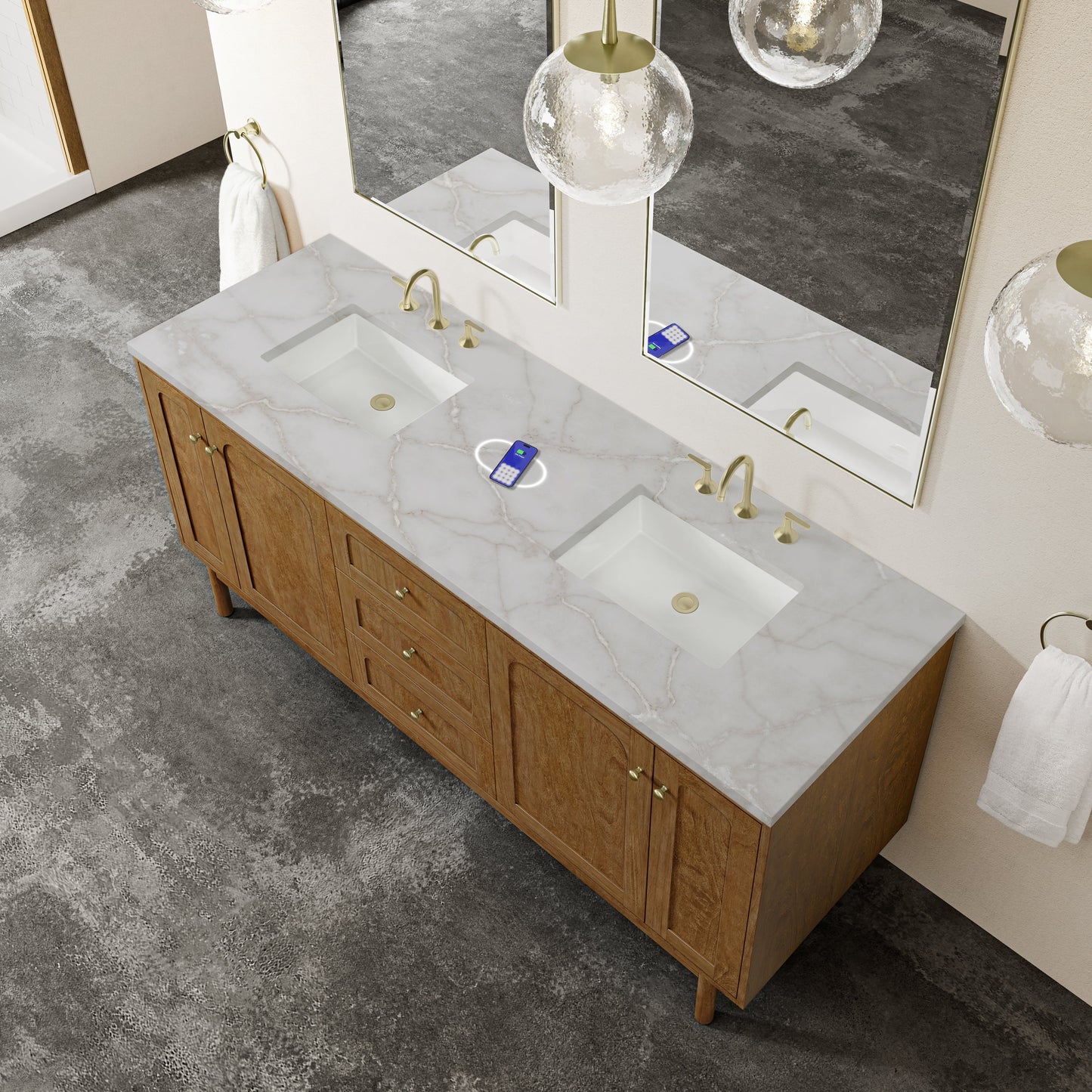 
                  
                    Laurent 72" Double Vanity in Honey Oak Double Bathroom Vanity James Martin Vanities FreePower-Enabled Victorian Silver Silestone 
                  
                