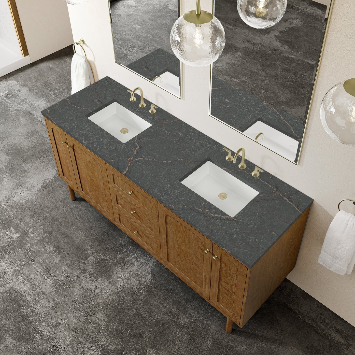 
                  
                    Laurent 72" Double Vanity in Honey Oak Double Bathroom Vanity James Martin Vanities Parisien Bleu Silestone 
                  
                