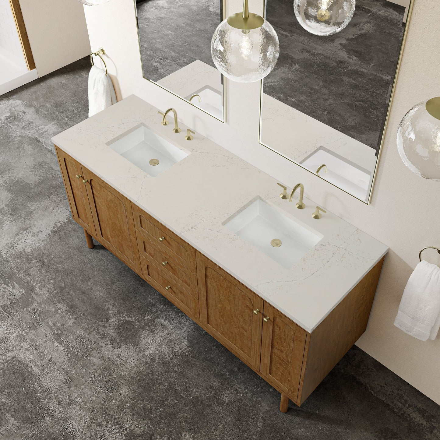 
                  
                    Laurent 72" Double Vanity in Honey Oak Double Bathroom Vanity James Martin Vanities Siberian Silestone 
                  
                