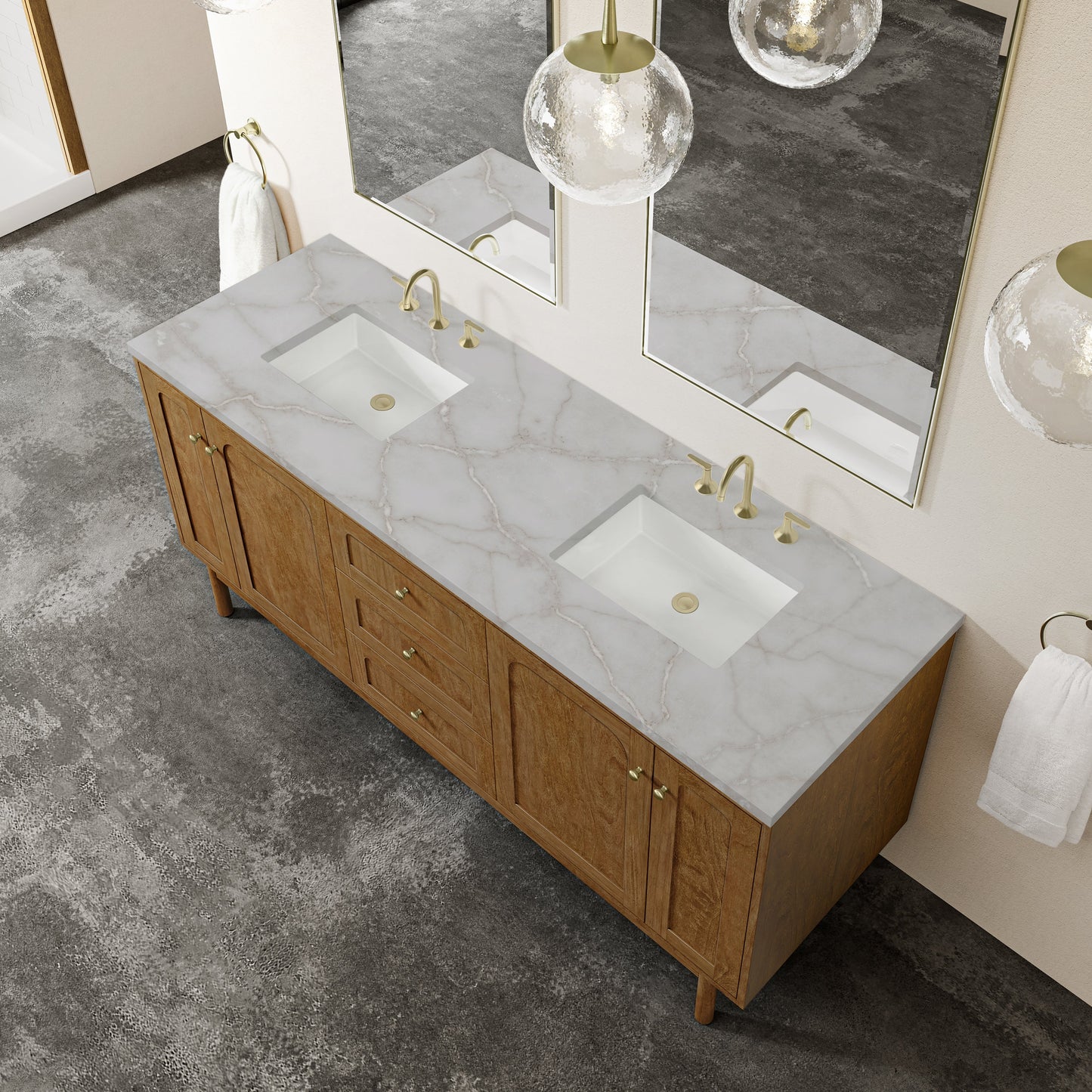 
                  
                    Laurent 72" Double Vanity in Honey Oak Double Bathroom Vanity James Martin Vanities Victorian Silver Silestone 
                  
                