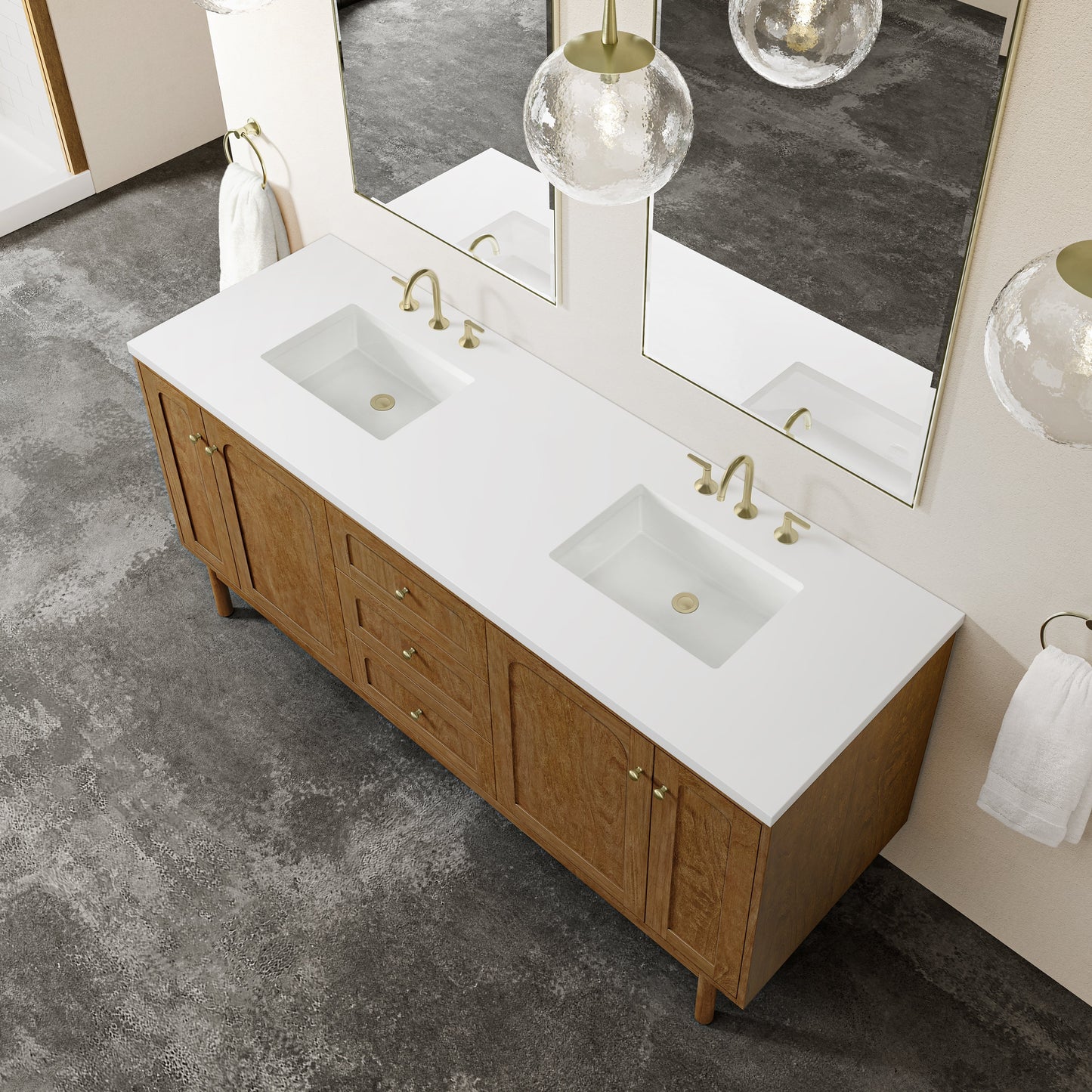 
                  
                    Laurent 72" Double Vanity in Honey Oak Double Bathroom Vanity James Martin Vanities White Zeus Silestone 
                  
                