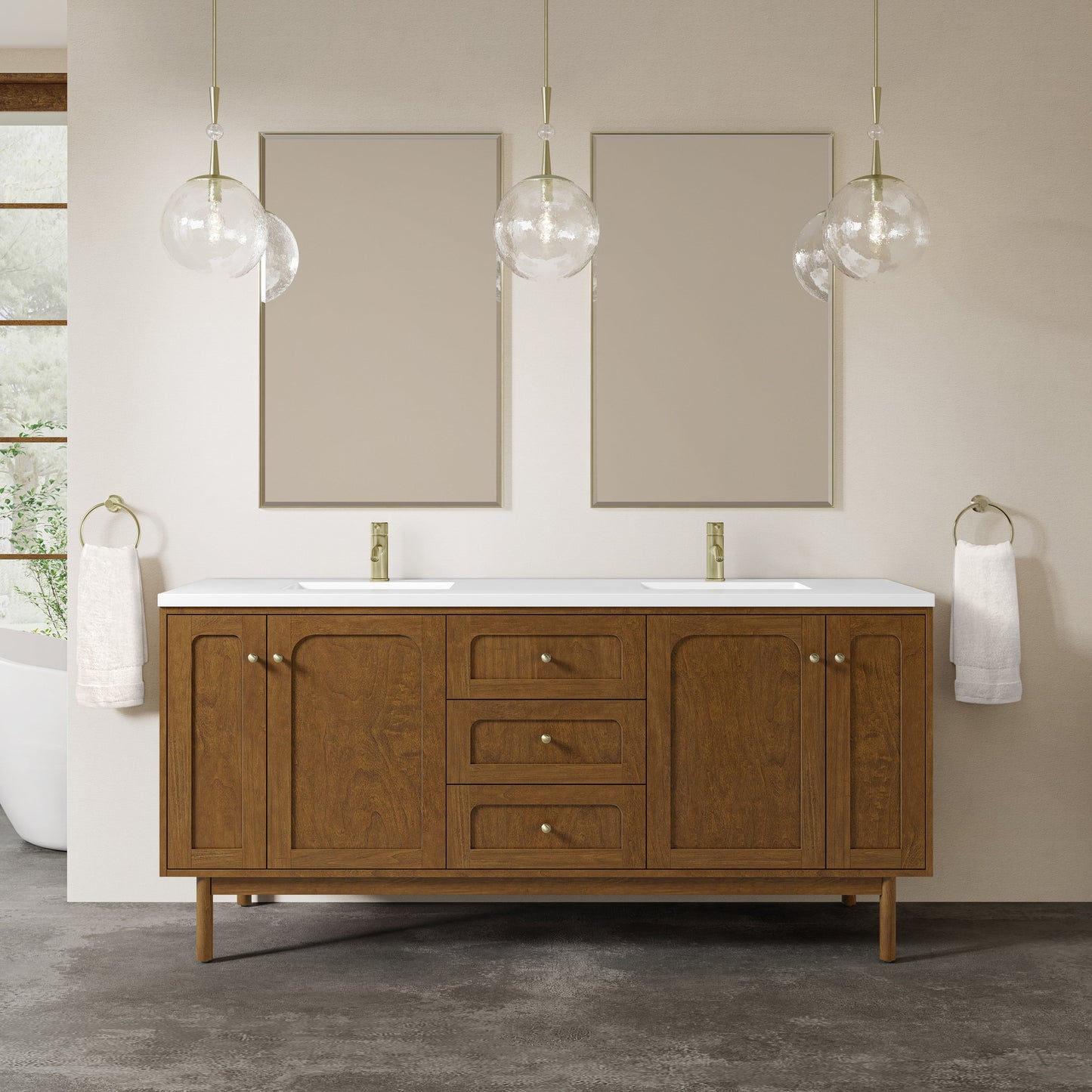 
                  
                    Laurent 72" Double Vanity in Honey Oak Double Bathroom Vanity James Martin Vanities White Zeus Silestone Single-Hole Faucet Top with Backsplash 
                  
                