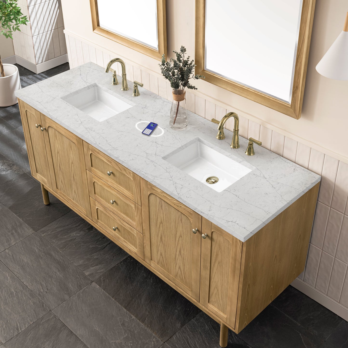 
                  
                    Laurent 72" Double Vanity in Light Natural Oak Double Bathroom Vanity James Martin Vanities FreePower-Enabled Eternal Jasmine Pearl Silestone 
                  
                