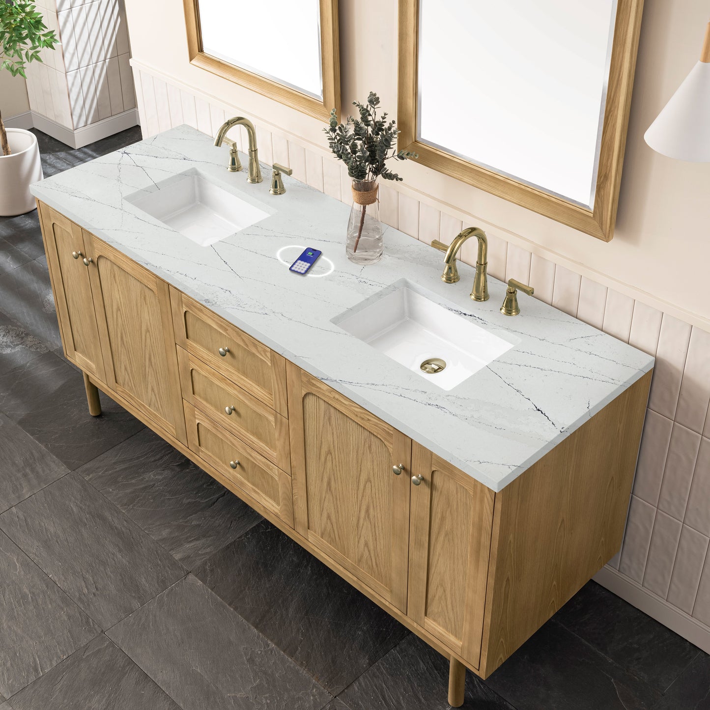 
                  
                    Laurent 72" Double Vanity in Light Natural Oak Double Bathroom Vanity James Martin Vanities FreePower-Enabled Ethereal Noctis Silestone 
                  
                