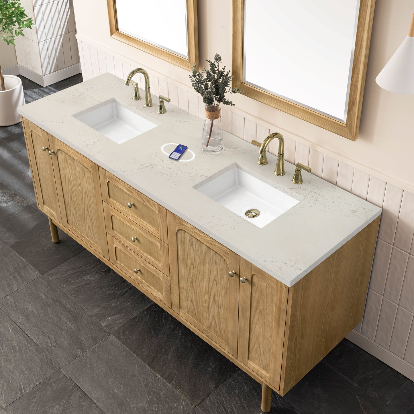 
                  
                    Laurent 72" Double Vanity in Light Natural Oak Double Bathroom Vanity James Martin Vanities FreePower-Enabled Siberian Silestone 
                  
                