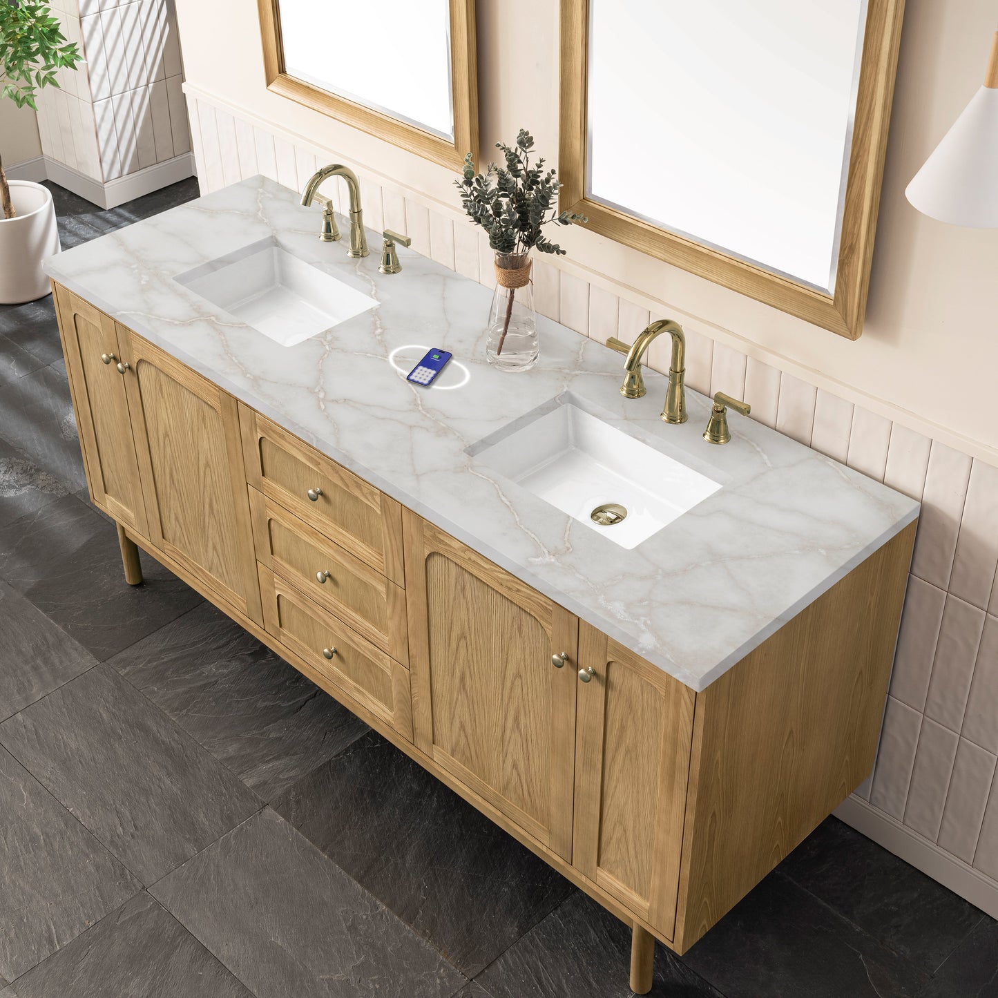 
                  
                    Laurent 72" Double Vanity in Light Natural Oak Double Bathroom Vanity James Martin Vanities FreePower-Enabled Victorian Silver Silestone 
                  
                