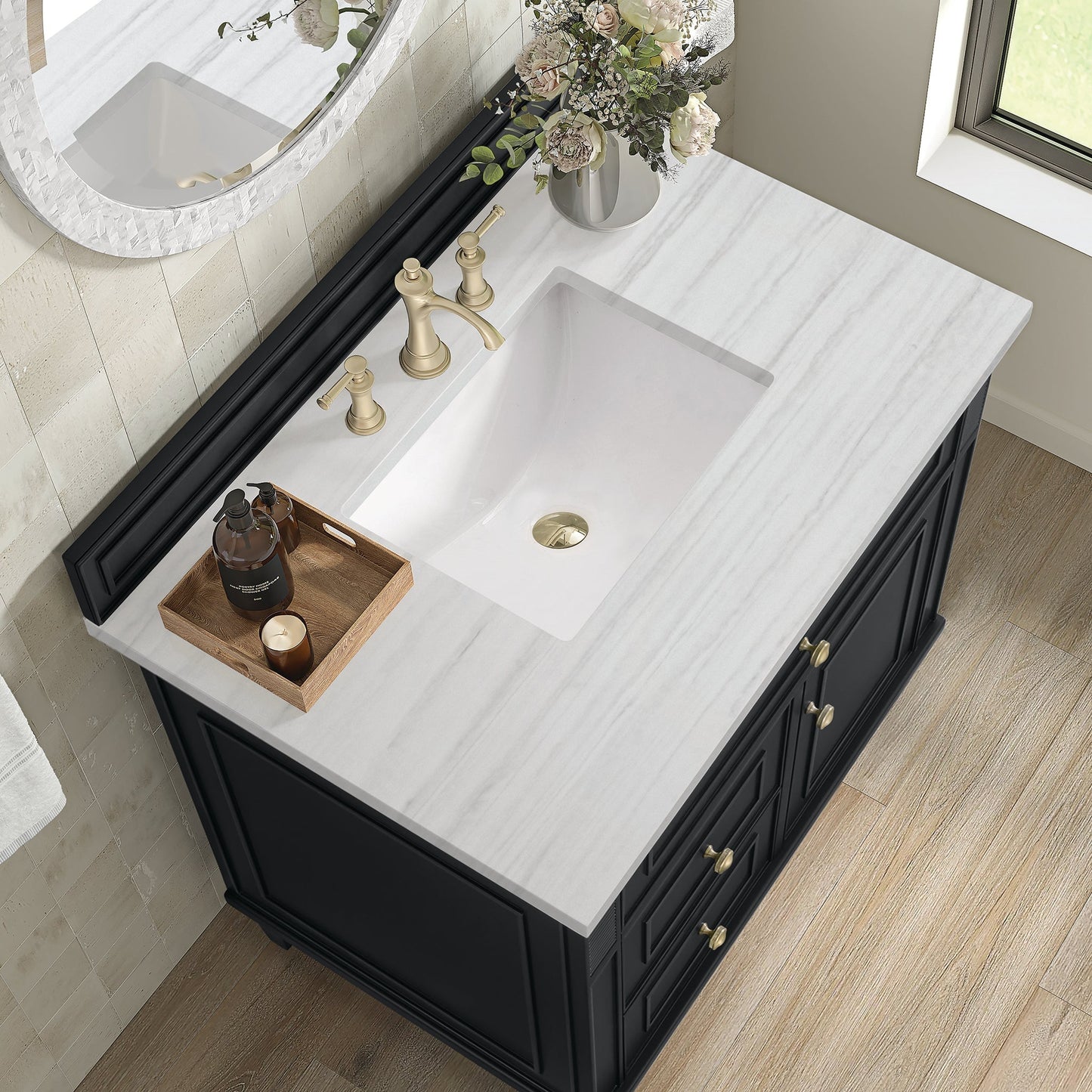 
                  
                    Lorelai 36" Single Vanity in Black Onyx James Martin Vanities Arctic Fall solid surface 
                  
                