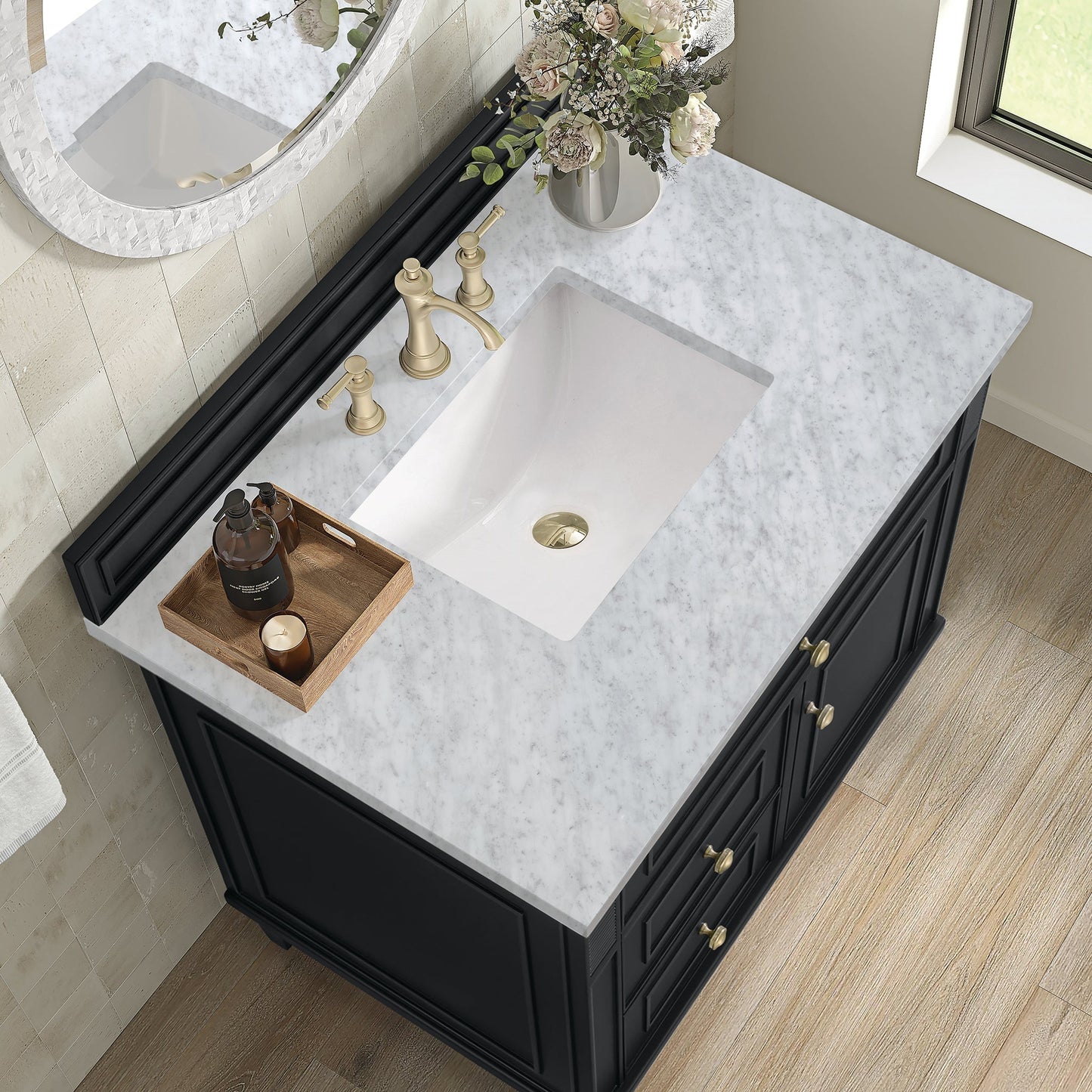 
                  
                    Lorelai 36" Single Vanity in Black Onyx James Martin Vanities Carrara White Marble 
                  
                
