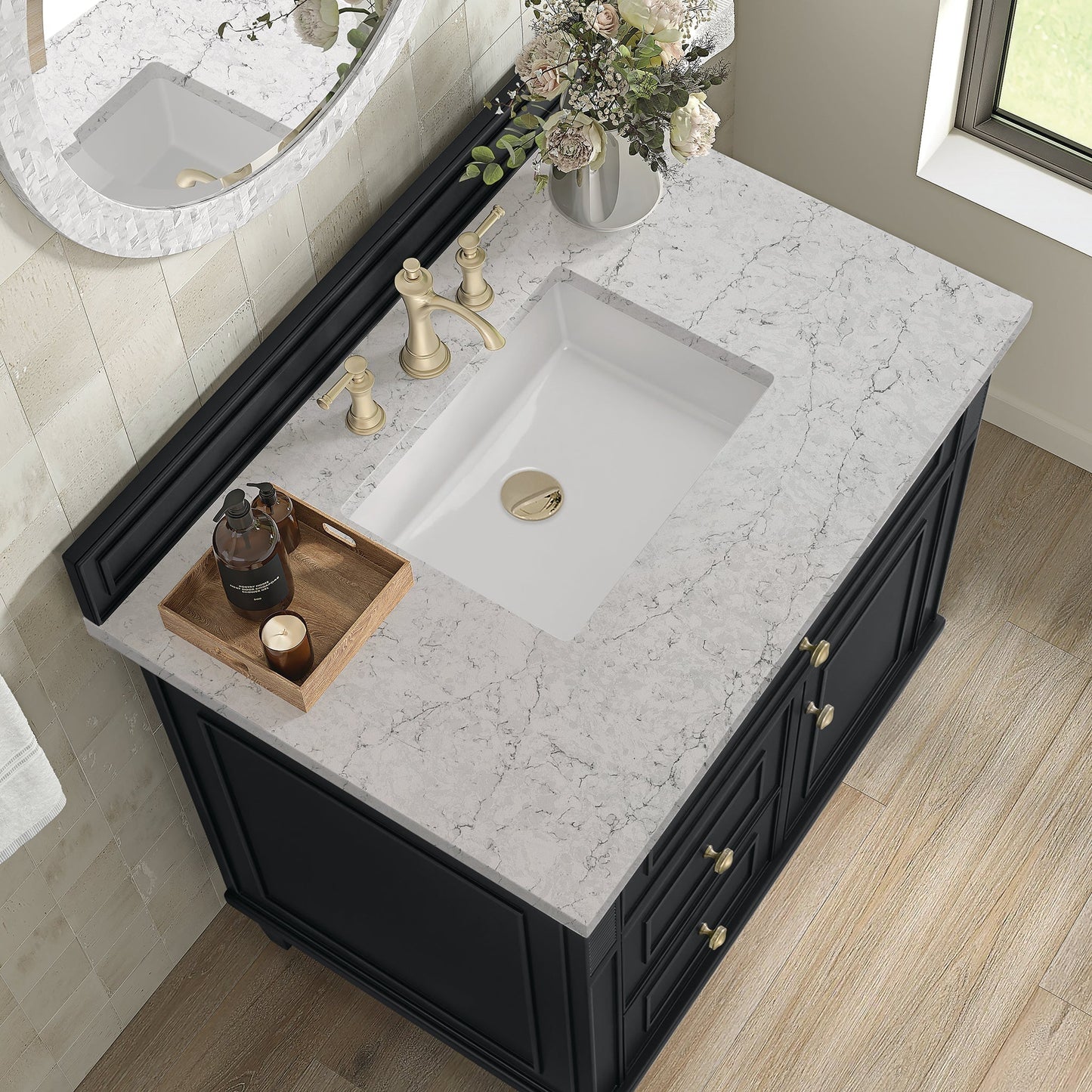 
                  
                    Lorelai 36" Single Vanity in Black Onyx James Martin Vanities Eternal Jasmine Pearl Silestone 
                  
                