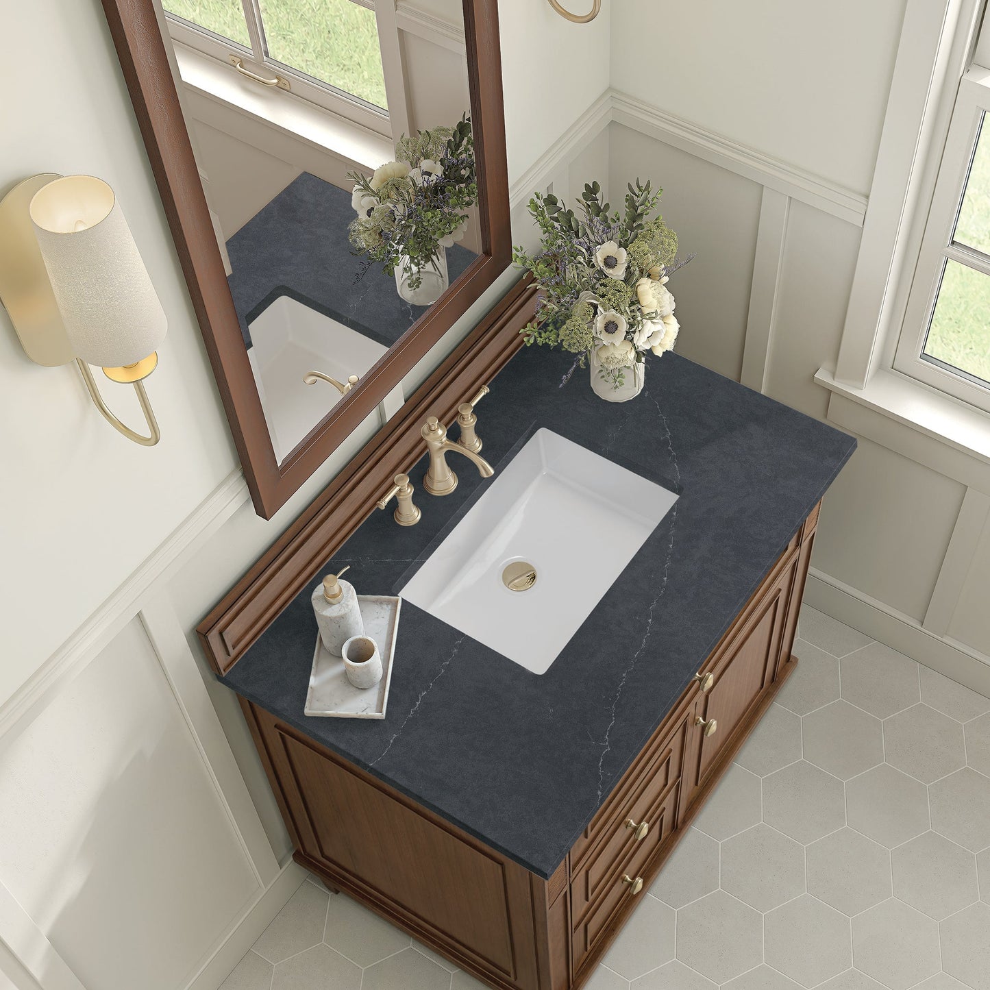 
                  
                    Lorelai 36" Single Vanity in Mid-Century Walnut James Martin Vanities Charcoal Soapstone Silestone 
                  
                
