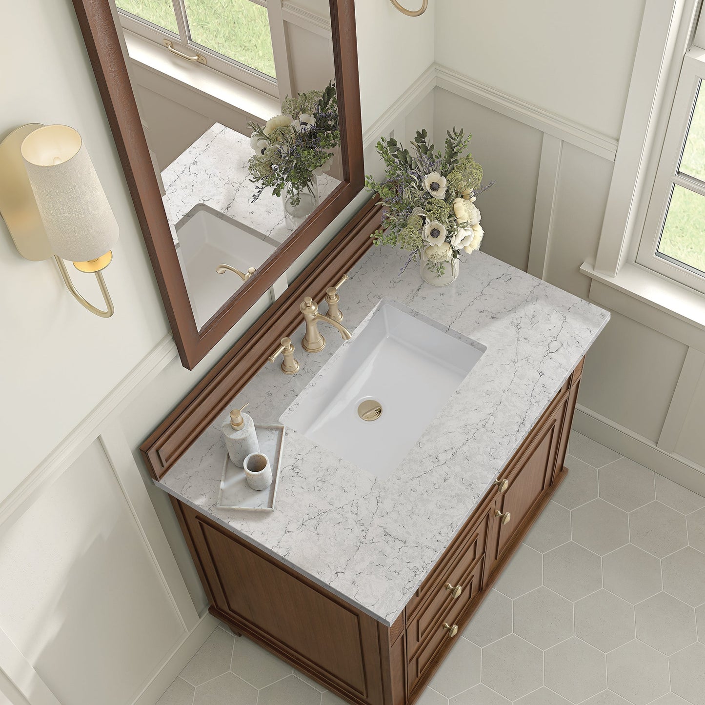 
                  
                    Lorelai 36" Single Vanity in Mid-Century Walnut James Martin Vanities Eternal Jasmine Pearl Silestone 
                  
                