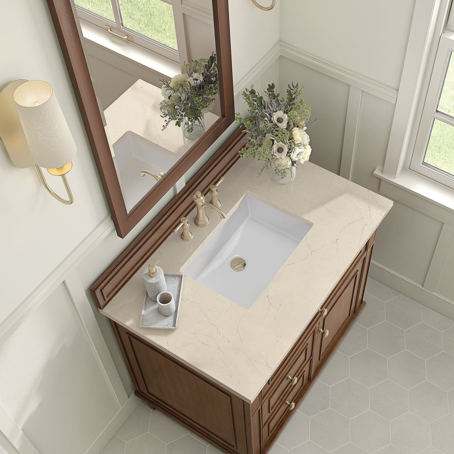 
                  
                    Lorelai 36" Single Vanity in Mid-Century Walnut James Martin Vanities Eternal Marfil Silestone 
                  
                