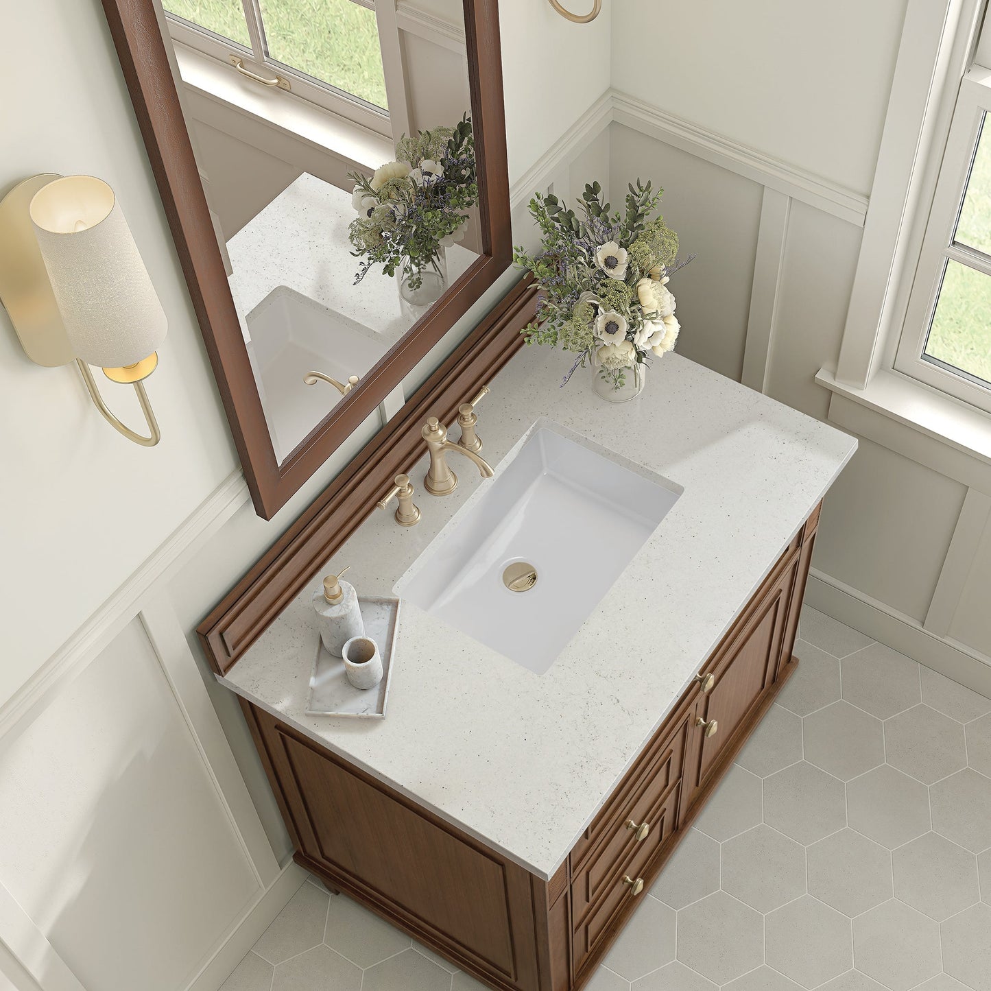 
                  
                    Lorelai 36" Single Vanity in Mid-Century Walnut James Martin Vanities Lime Delight Silestone 
                  
                
