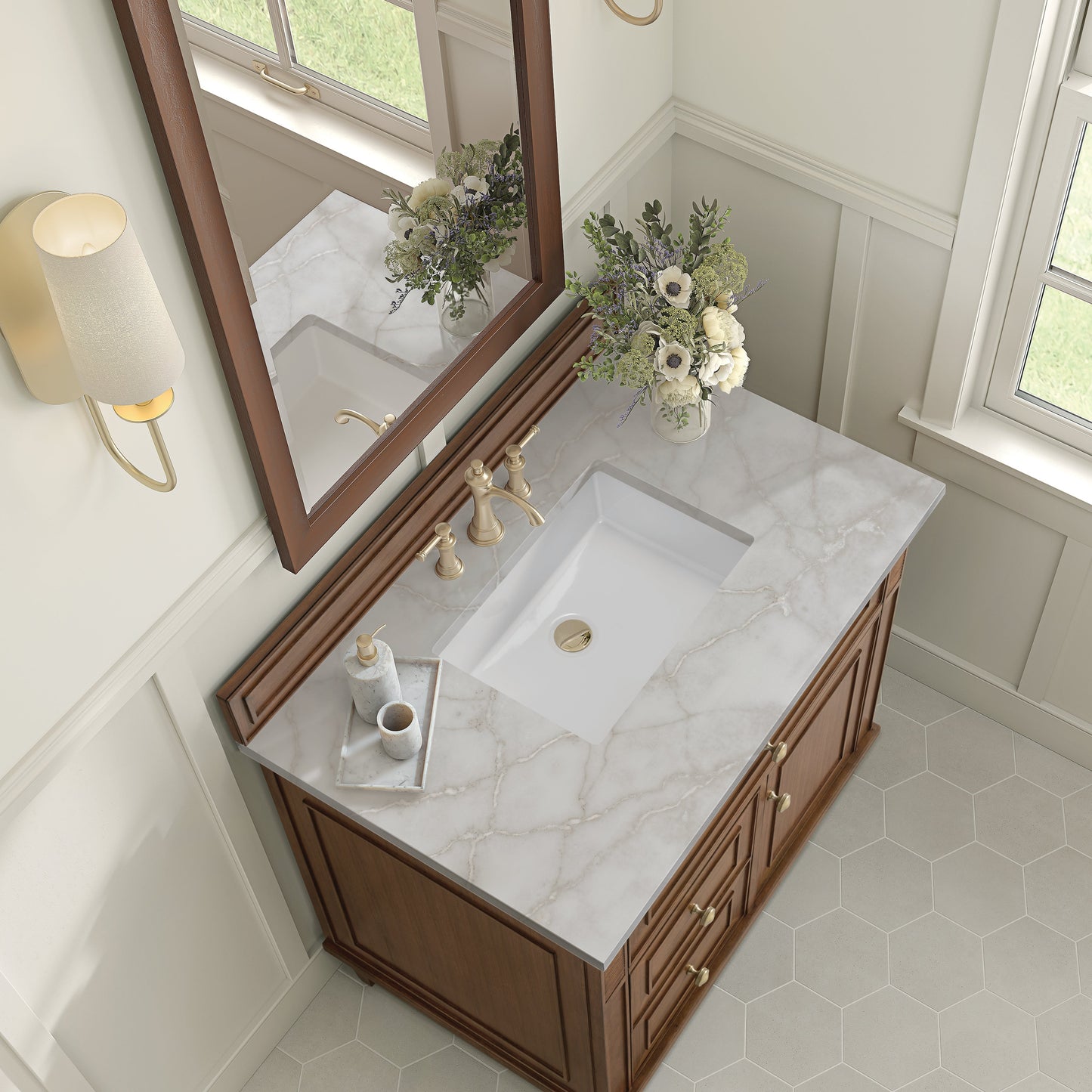 
                  
                    Lorelai 36" Single Vanity in Mid-Century Walnut James Martin Vanities Victorian Silver Silestone 
                  
                