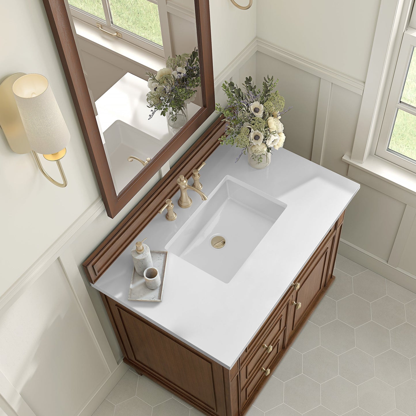 
                  
                    Lorelai 36" Single Vanity in Mid-Century Walnut James Martin Vanities White Zeus Silestone 
                  
                