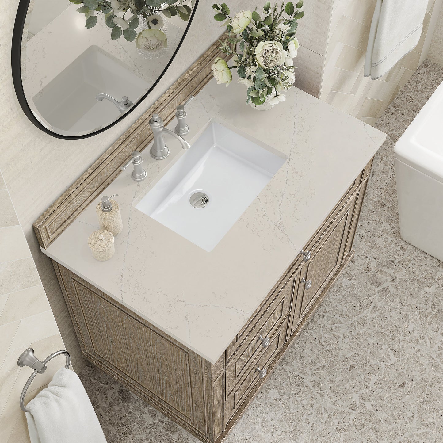 
                  
                    Lorelai 36" Single Vanity in Whitewashed Oak James Martin Vanities Siberian Silestone 
                  
                