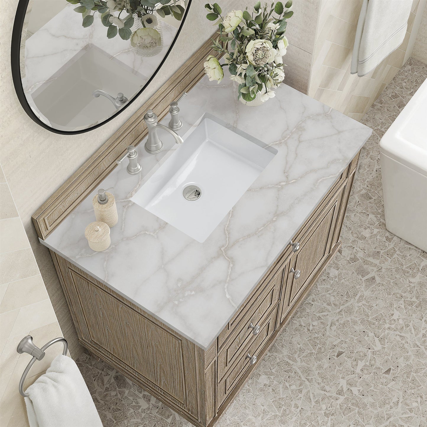 
                  
                    Lorelai 36" Single Vanity in Whitewashed Oak James Martin Vanities Victorian Silver Silestone 
                  
                