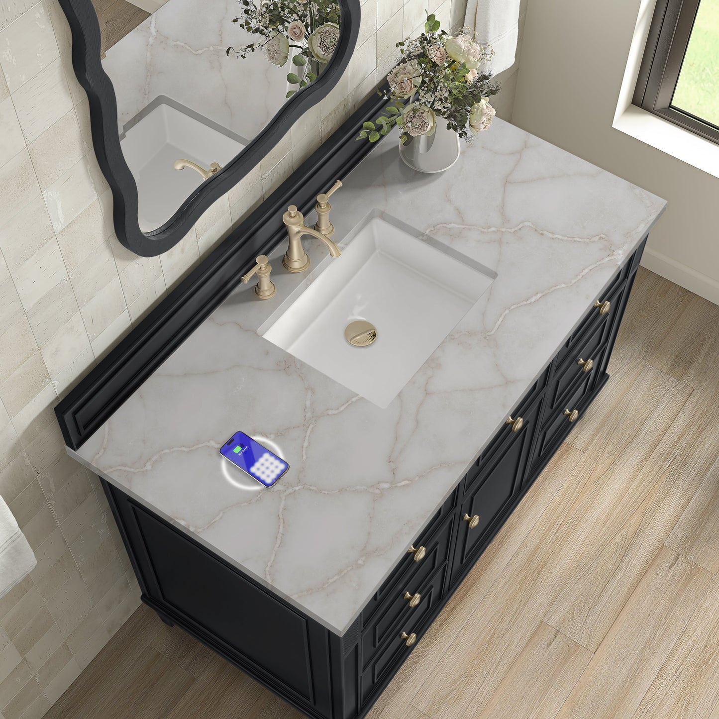 
                  
                    Lorelai 48" Single Vanity in Black Onyx James Martin Vanities FreePower-Enabled Victorian Silver Silestone 
                  
                
